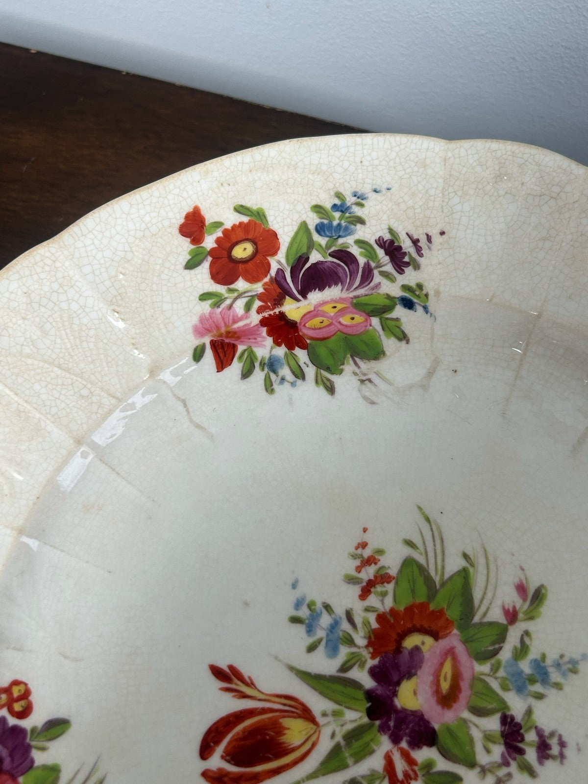 Antique Hand Painted Moulded Rim Dessert Plate Floral Bouquets Tulip2