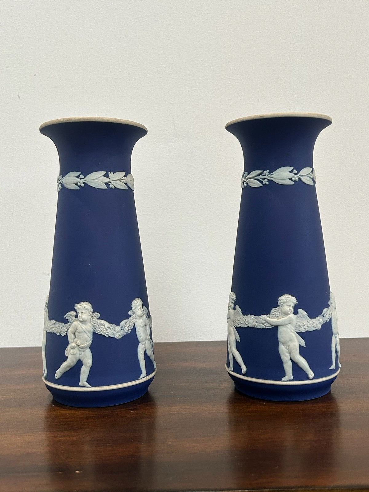 Pair Antique Wedgwood Portland Blue Jasperware Vases Cherubs Cupids (One A/F)0