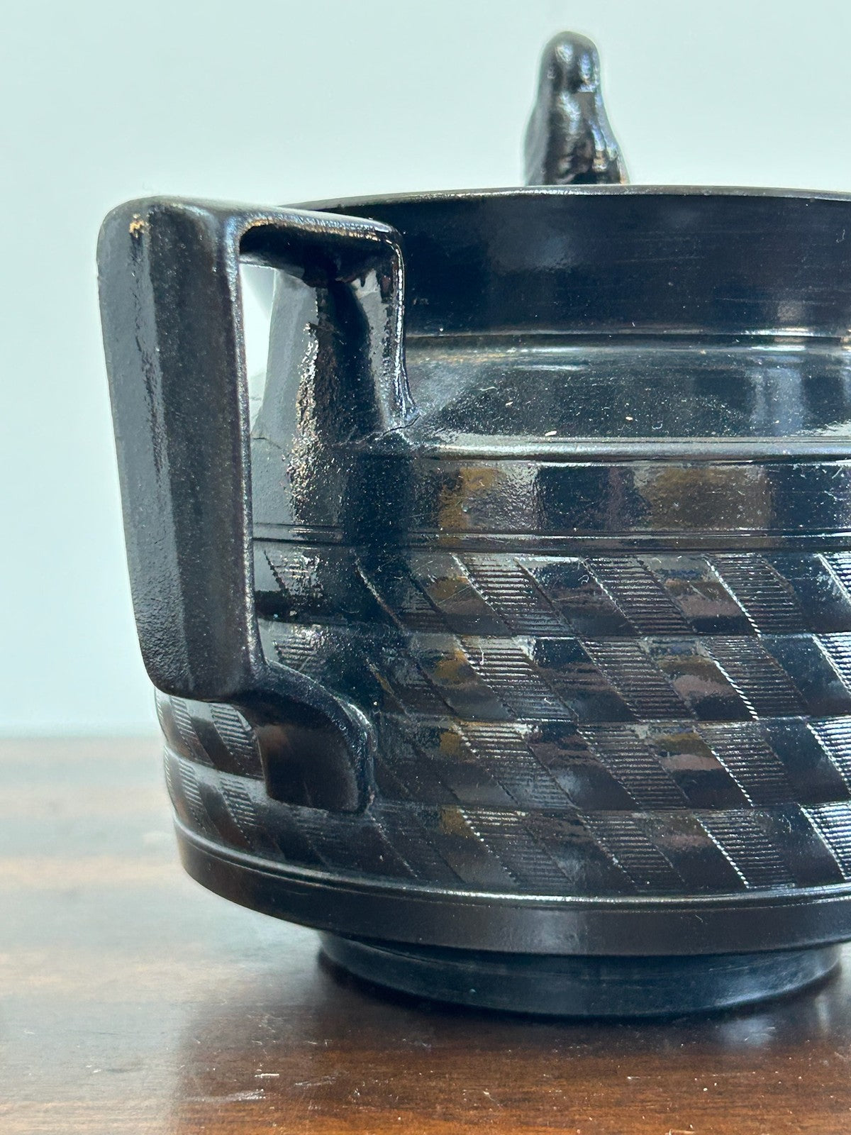 Antique Black Basalt Engine Turned Teapot Seated Widow Finial3