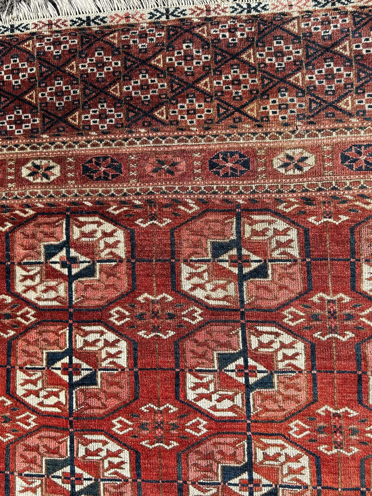 Antique Tekke Turkmen Rug Hand Knotted Wool Bokhara Gul Early 20thC 110x130cm11