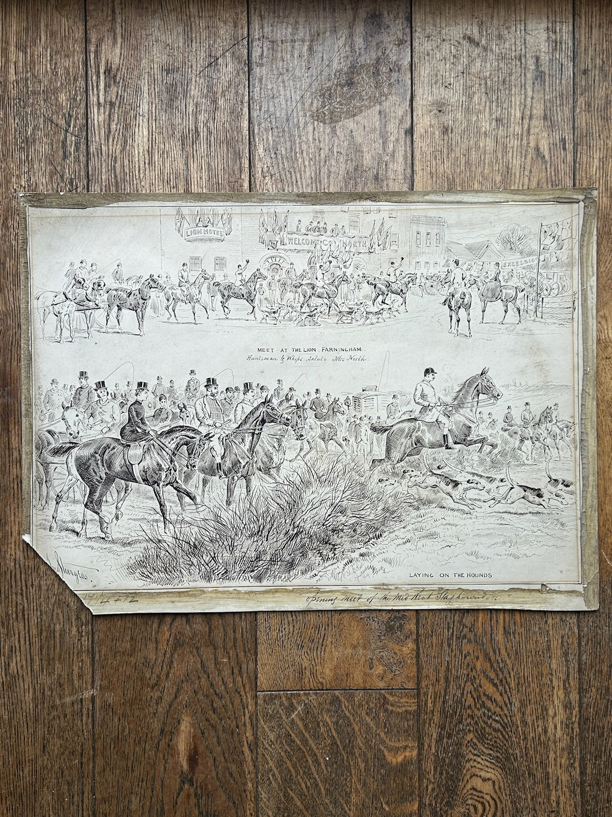 Sturgess Original Pen & Ink Drawing Mid Kent Staghounds Meet at Lion Farningham0