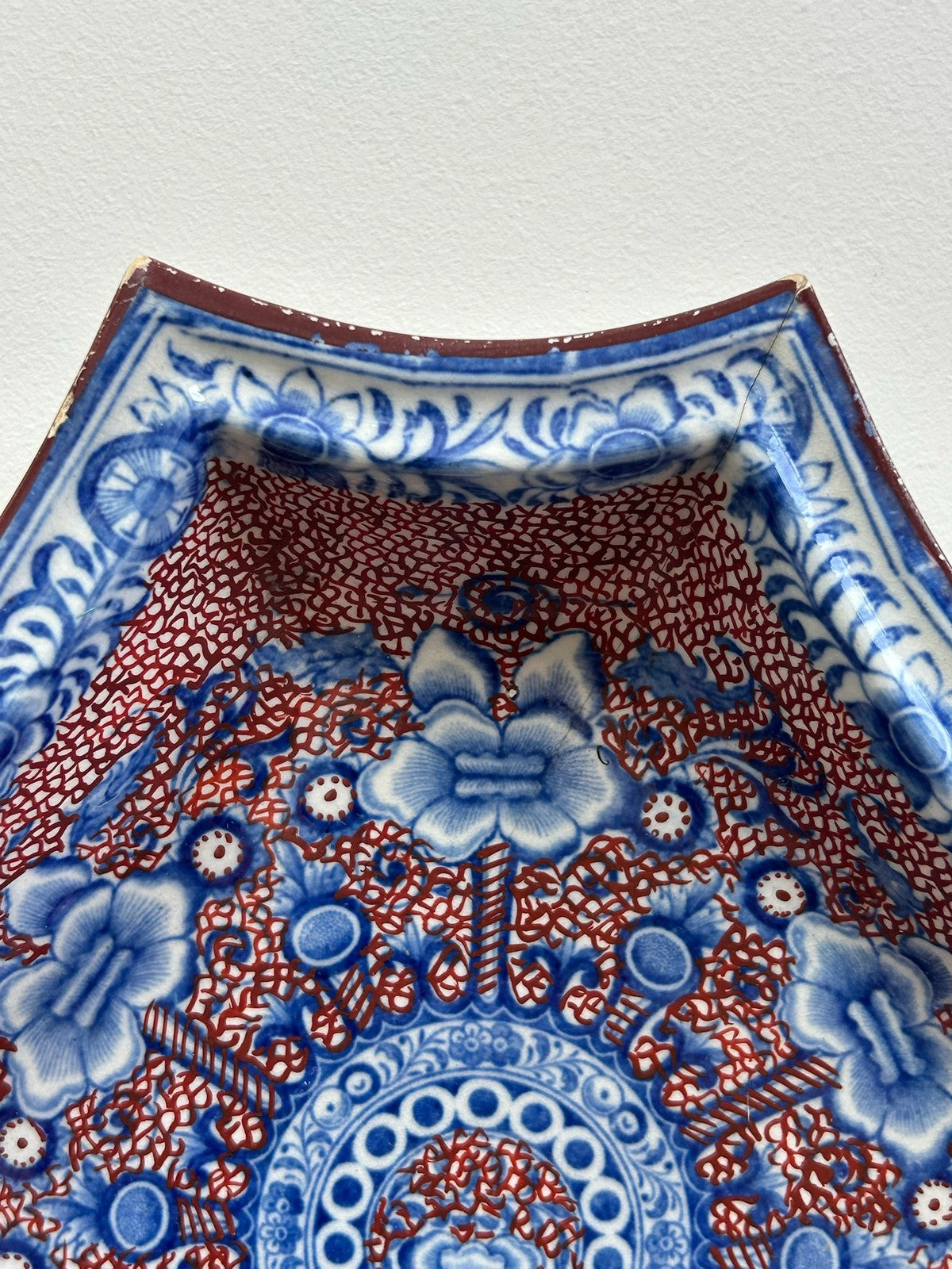 Antique Staffordshire Blue Puce Transfer Shaped Dish Old Staple Repairs4