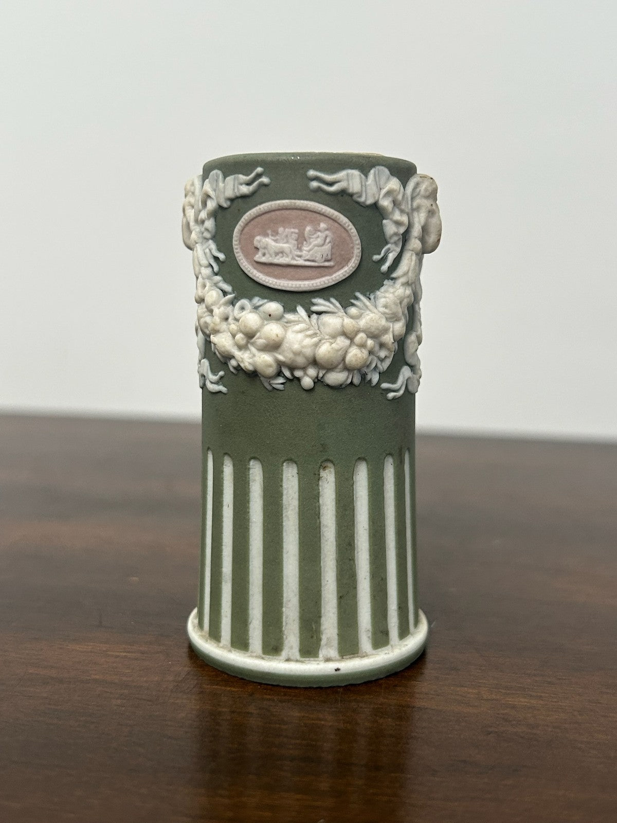 Antique Tricolour Jasperware Spill Vase Green Lilac White Masks Swags0
