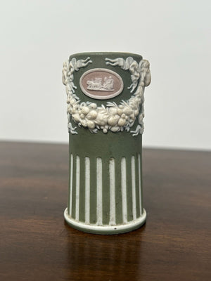 Antique Tricolour Jasperware Spill Vase Green Lilac White Masks Swags