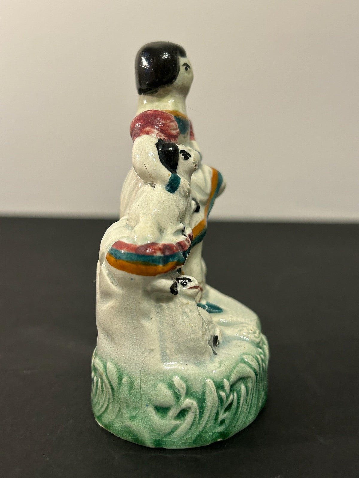 Antique Victorian Staffordshire Pottery Figure Girl with Dog and Lamb 10cm5