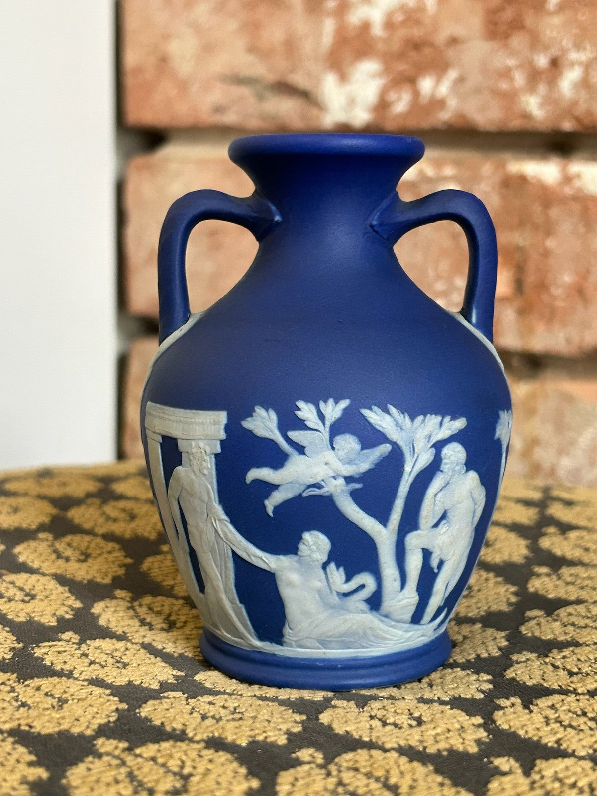 Wedgwood Dark Blue Jasperware Portland Vase Twin Handled Classical White Relief0