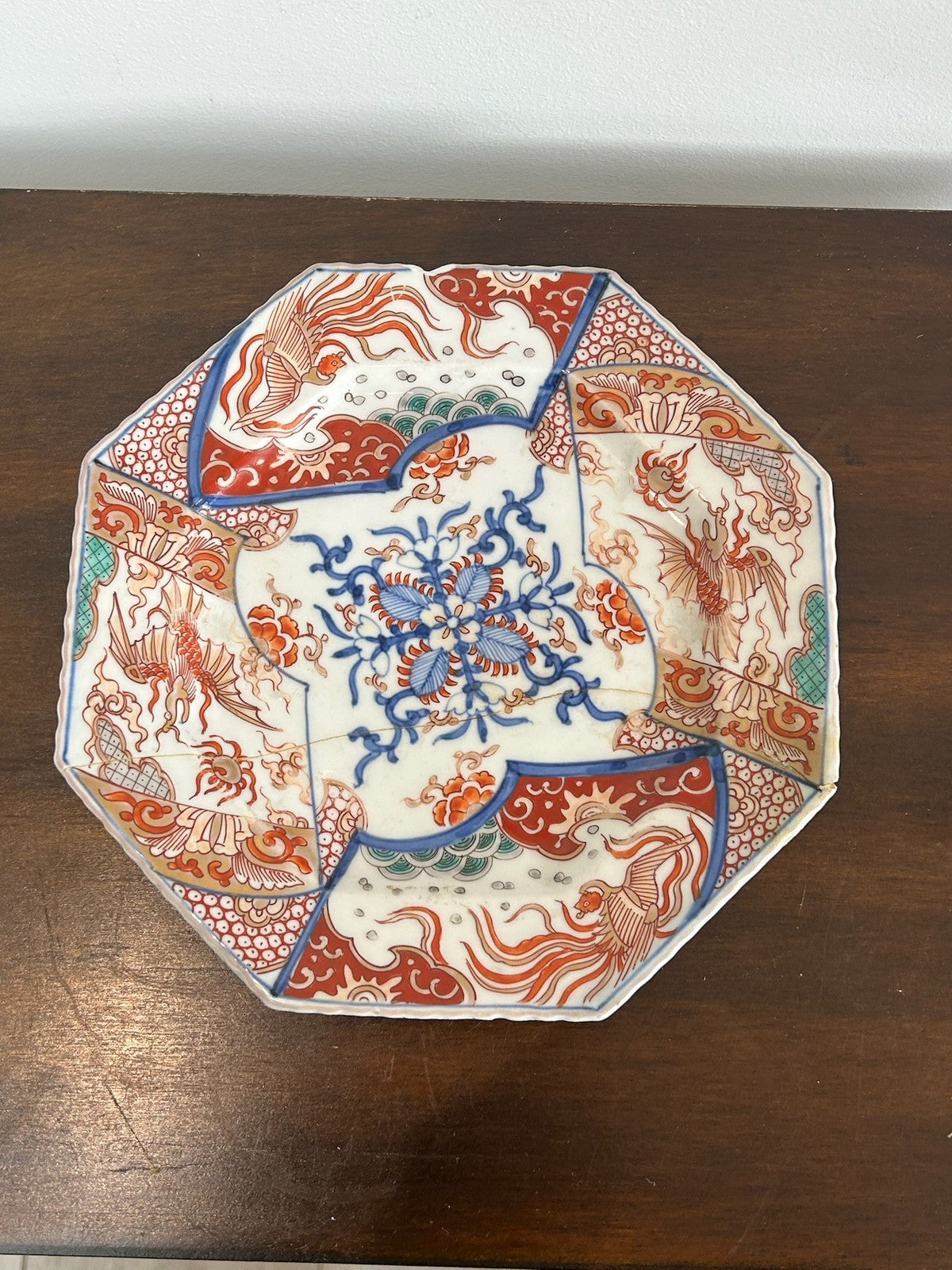 Japanese Hand Painted 8 Sided Plate c.1900 Asian Decorative Art 6.75" Repaired0