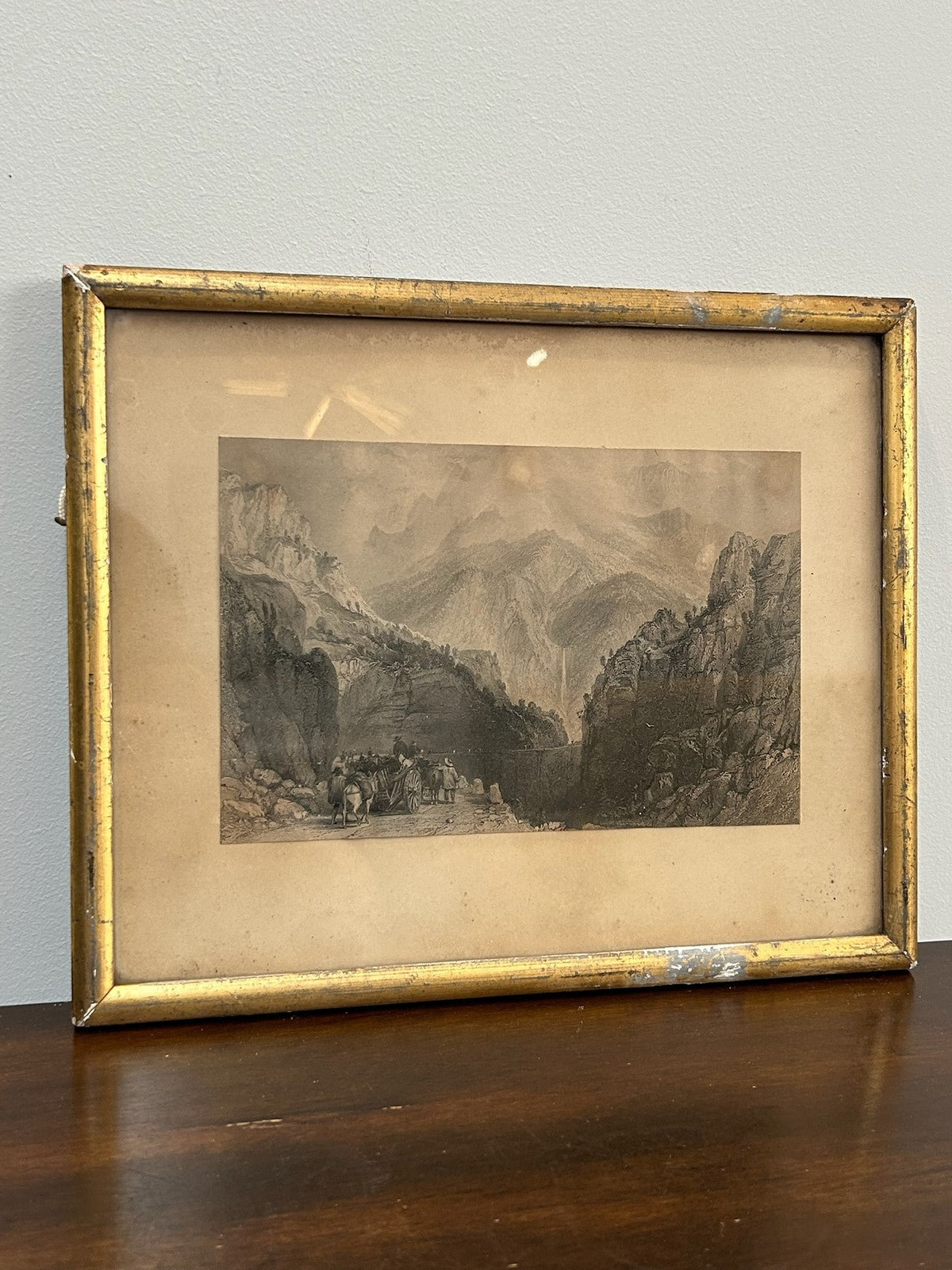 Antique 1865 France Voiron Chartreuse Valley Isere Waterfall Engraving Gilt Fram0