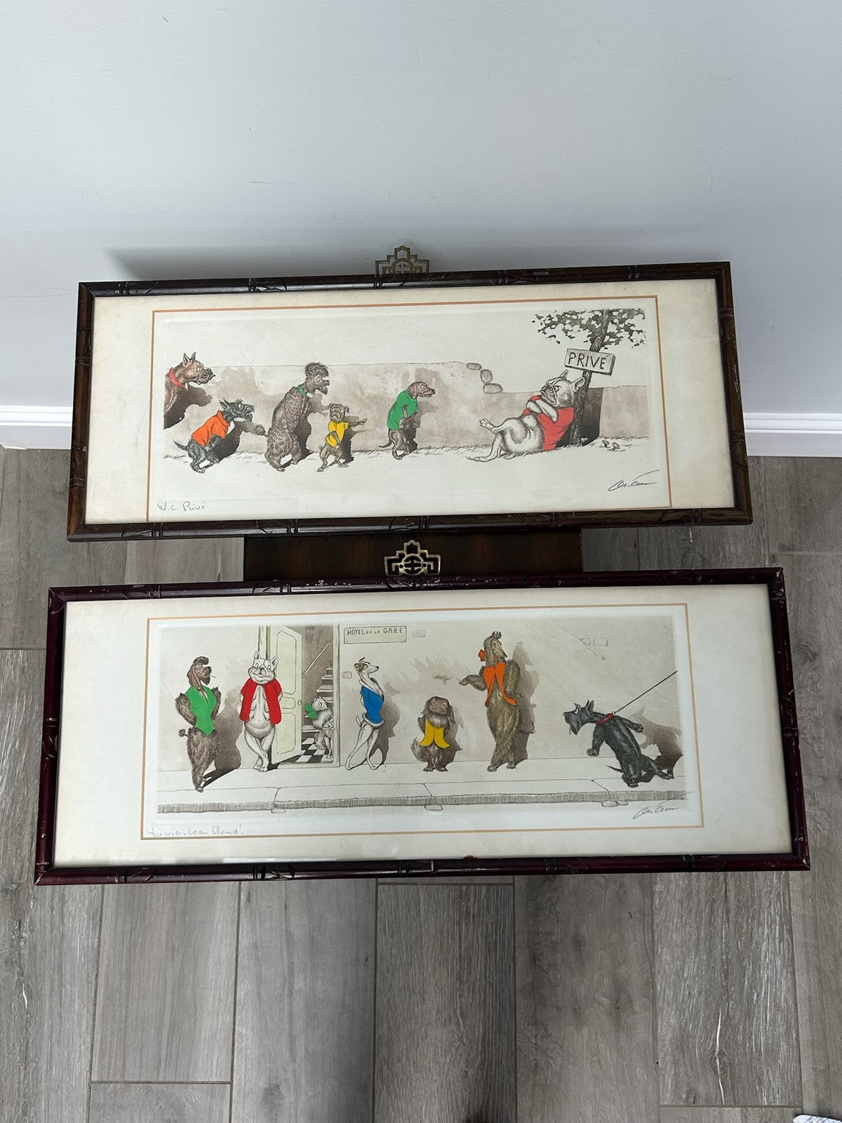 Pair Boris O'Klein Dirty Dogs of Paris Comic Drypoint Etchings Signed Framed1