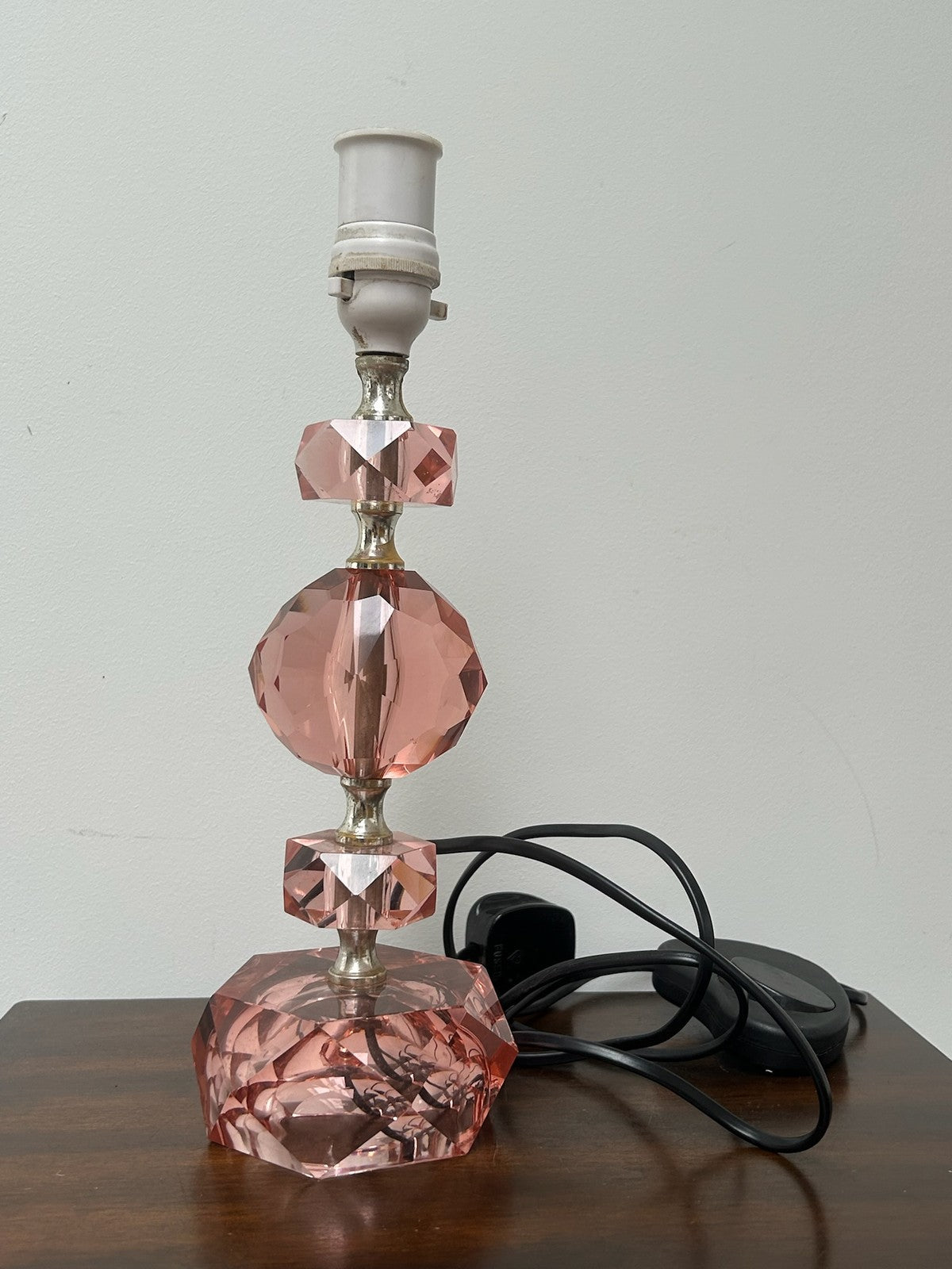 Pair Pink Cut Glass Table Lamps Faceted Rose Bases Rewired 34cm0