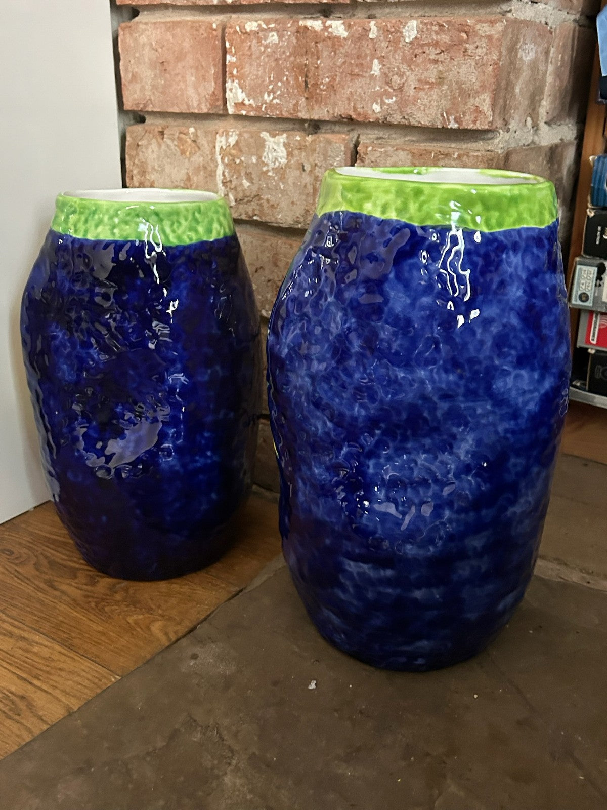 Pair Italian Hand Painted Ceramic Vases Sun Face Sunflower Cobalt Blue Signed4