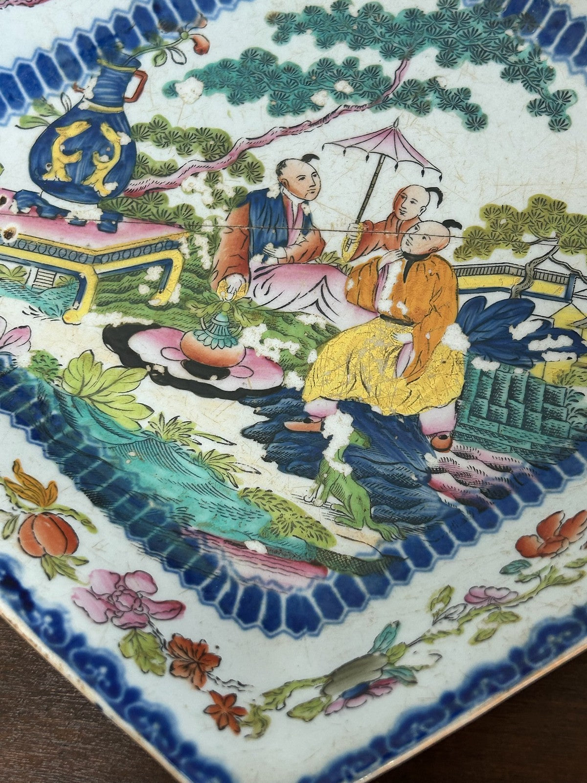 Antique Masons Style Ironstone Dish Chinoiserie Pagoda Blue Polychrome 19thC3