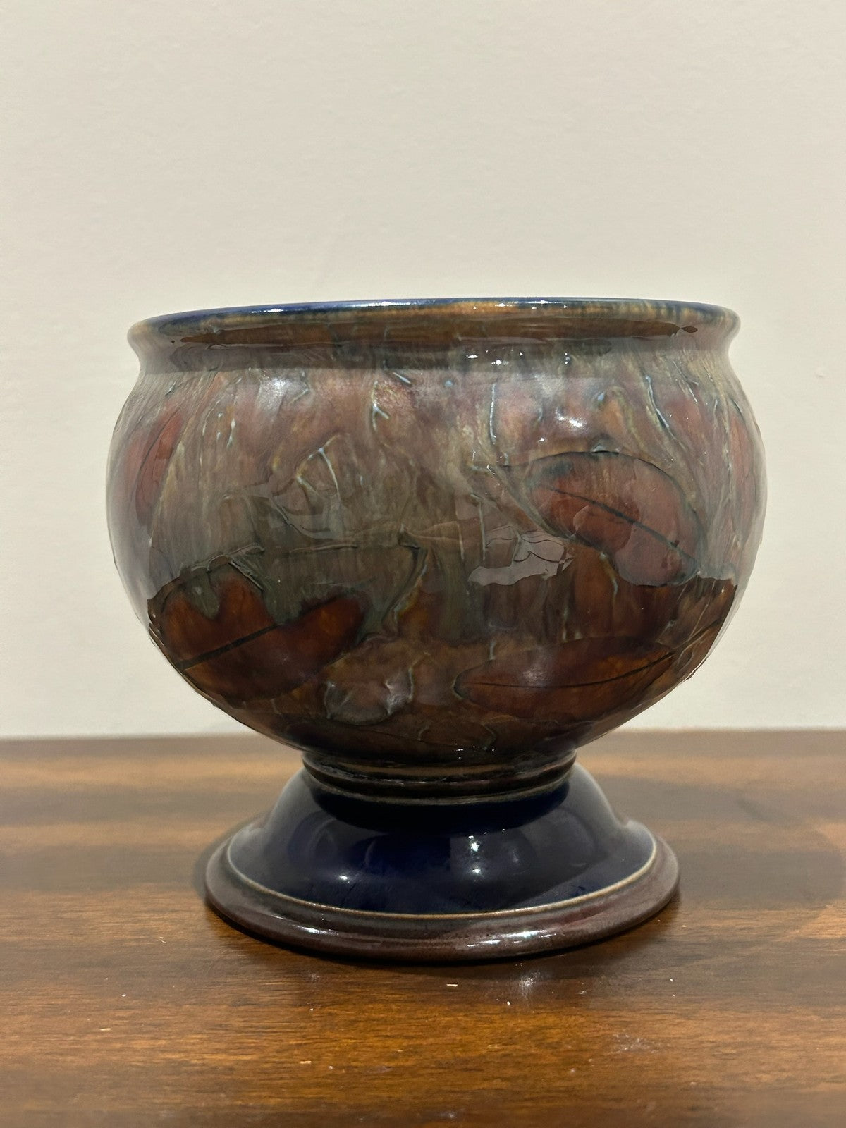 Royal Doulton Lambeth Stoneware Footed Bowl Mottled Glaze0