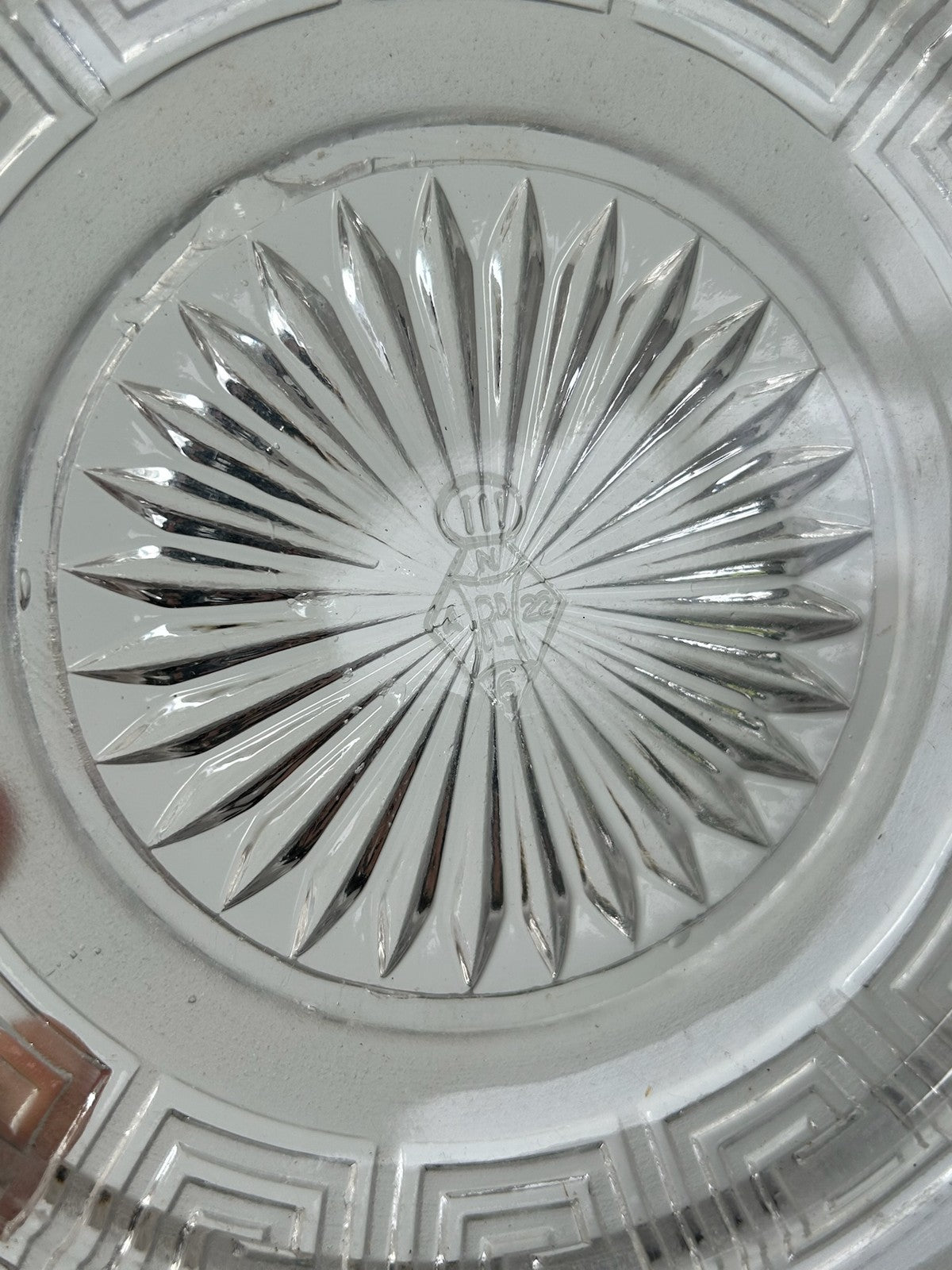 Set of 3 Cut Glass Star Burst Plates Greek Key Border Vintage 22cm0