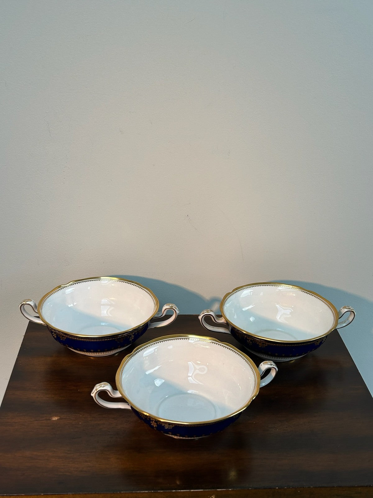 Spode Lancaster R8950 Cobalt Blue Gilt Bone China Cream Soup Bowls Set of Three4