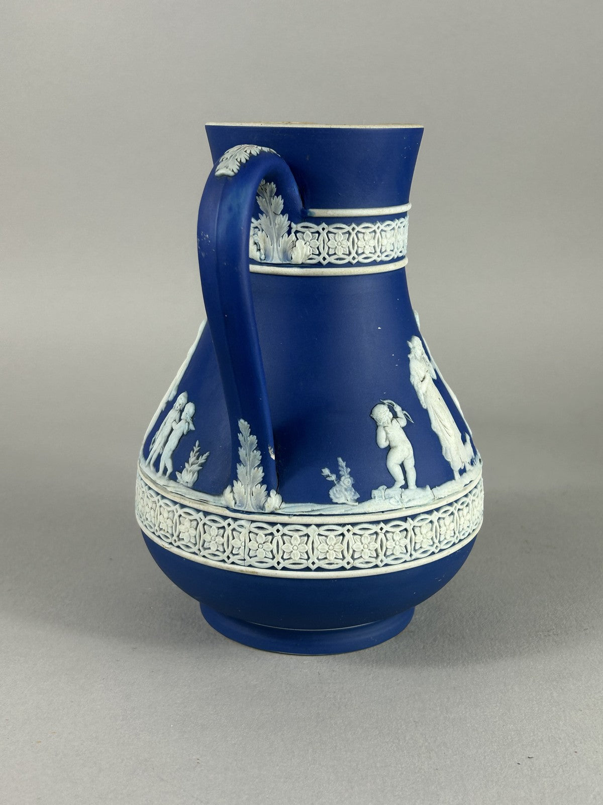 Antique Wedgwood Blue Jasperware Classical Relief Pitcher 18cm