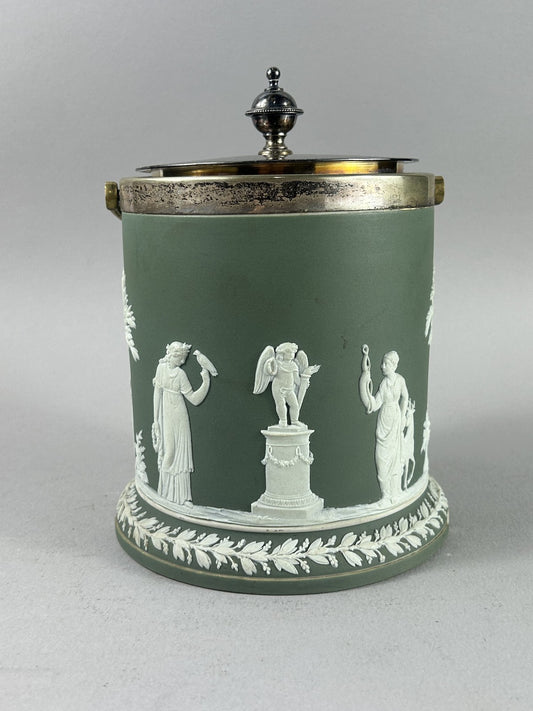 Antique Wedgwood Green Jasperware Biscuit Barrel with Metal Mounts