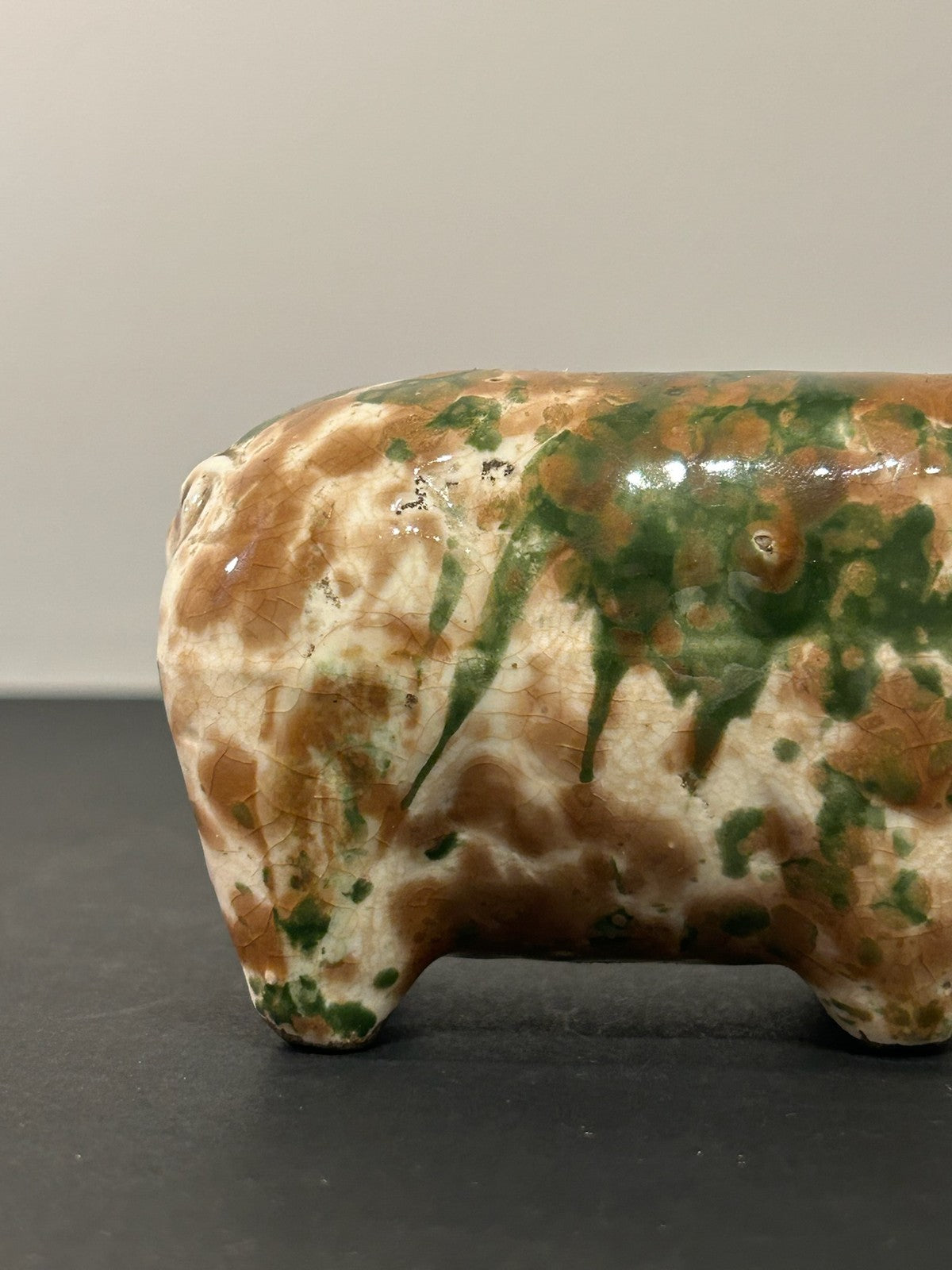 Antique 19th Century Spongeware Pottery Pig Money Box Green Brown Sponged 12cm5