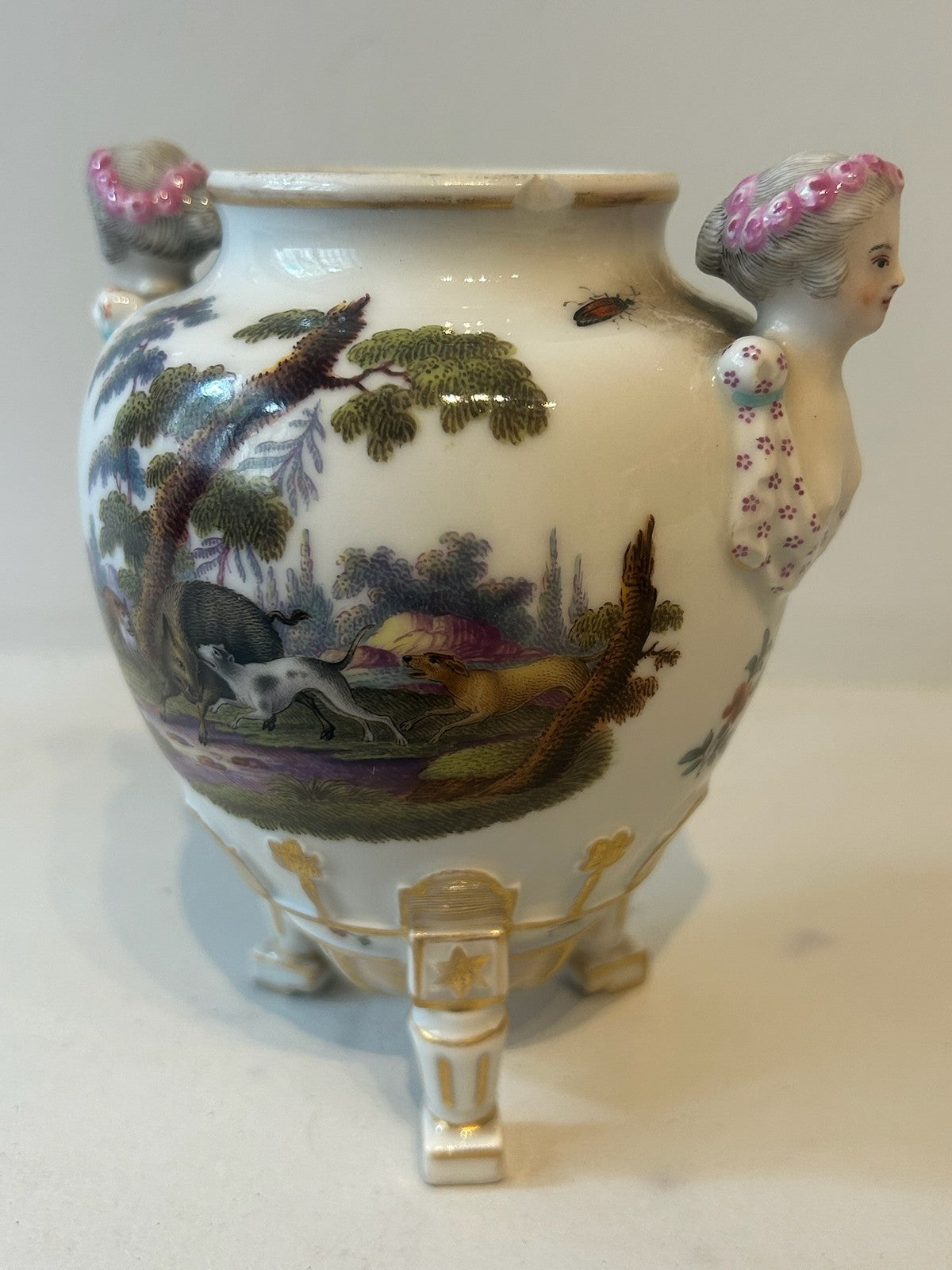 Antique Continental Dresden Style Porcelain Caryatid Vase Hand Painted 13.5cm6