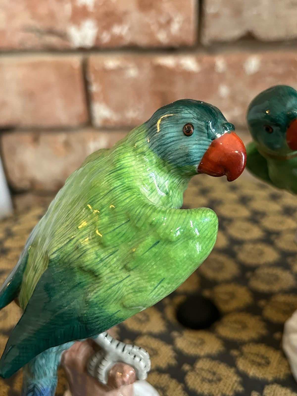 Pair Dresden Porcelain Green Parrot Figures Perched on Tree Stumps Blue Mark7