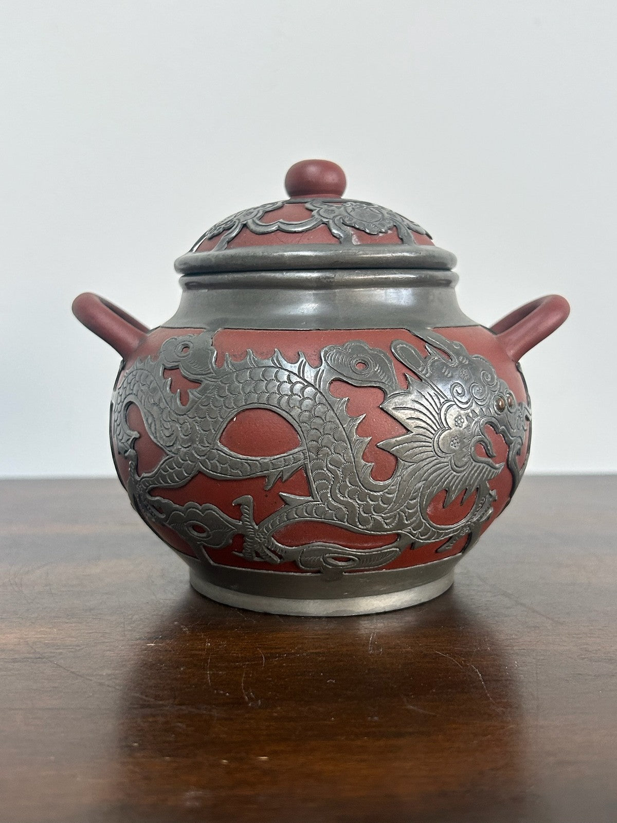 Chinese Yixing Zisha Stoneware & Pewter Mounted Vessel 11cm0