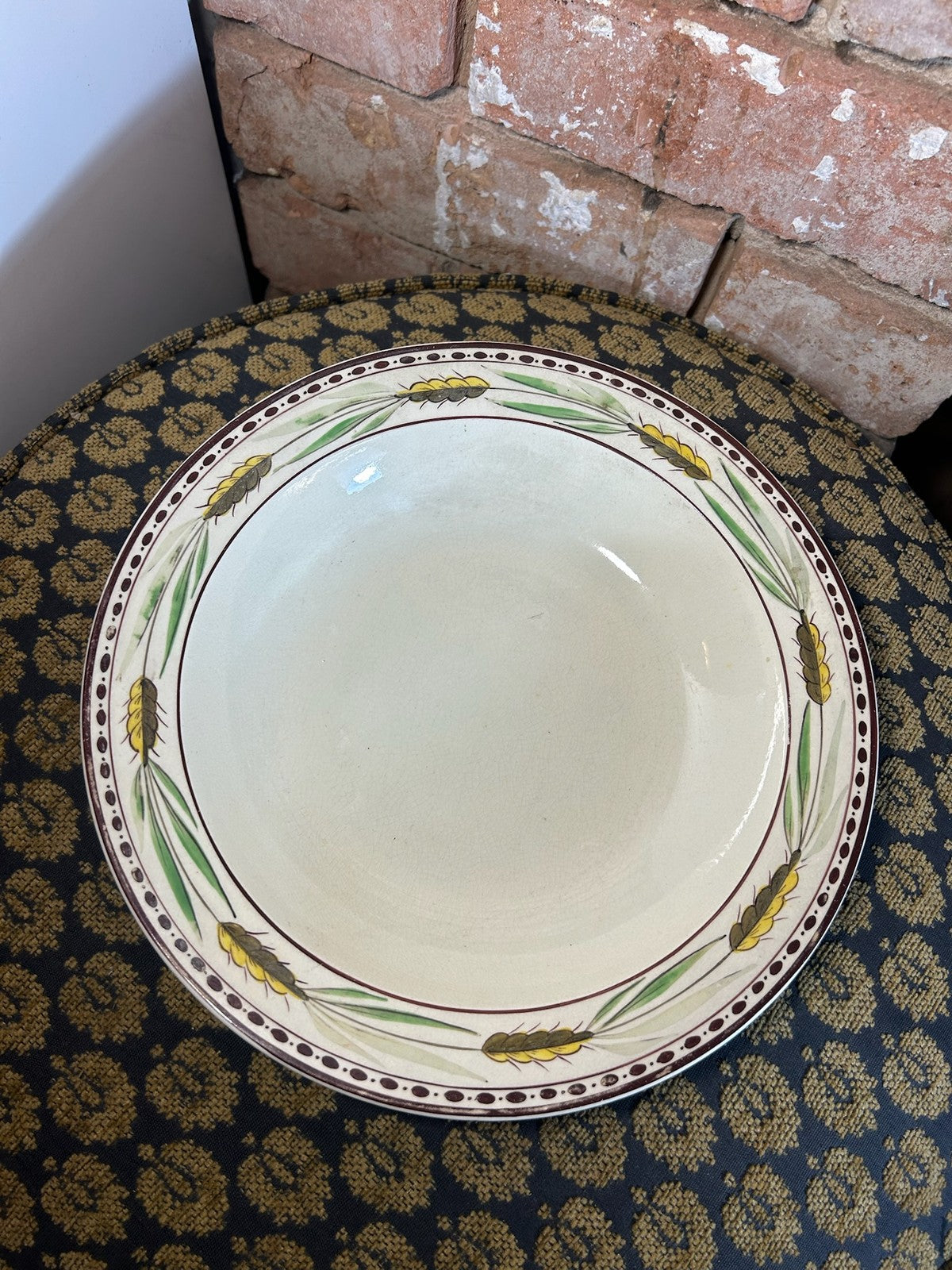 Antique Creamware Plate Hand Painted Wheat Ear Border Purple Dot Rim c18000