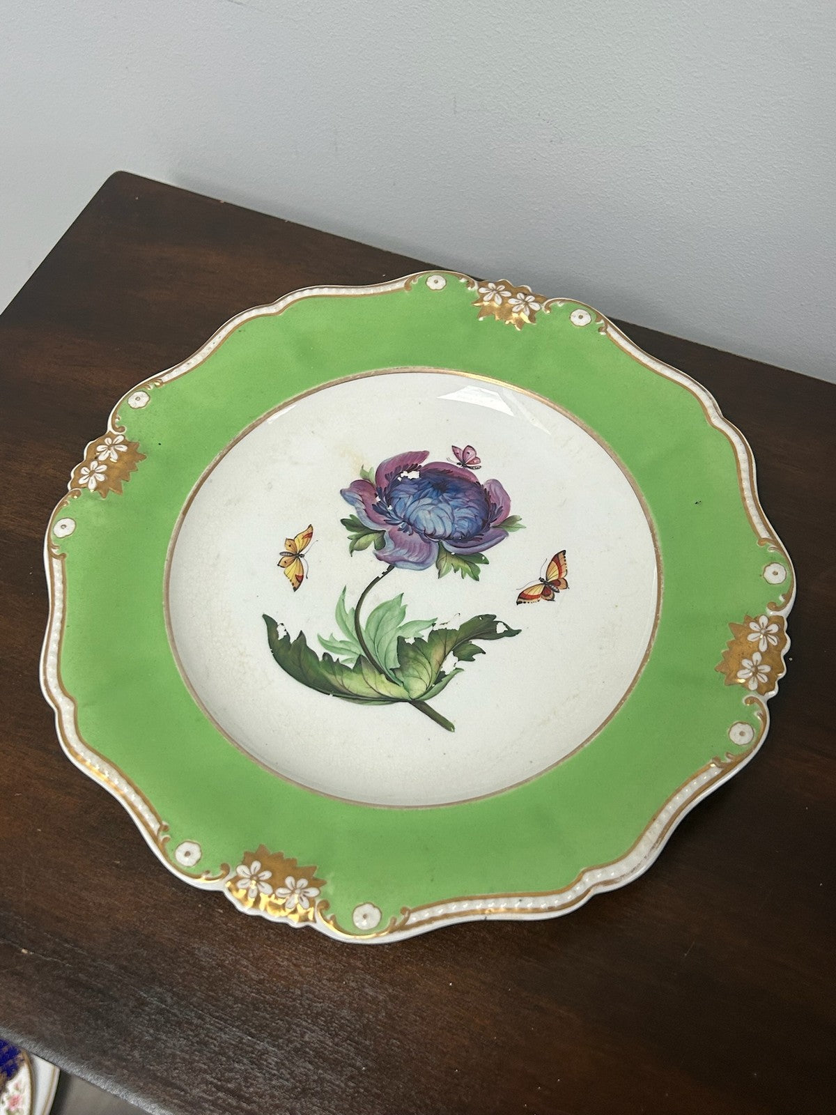 Bloor Derby Green Ground Botanical Plate Anemone Butterflies c.18300