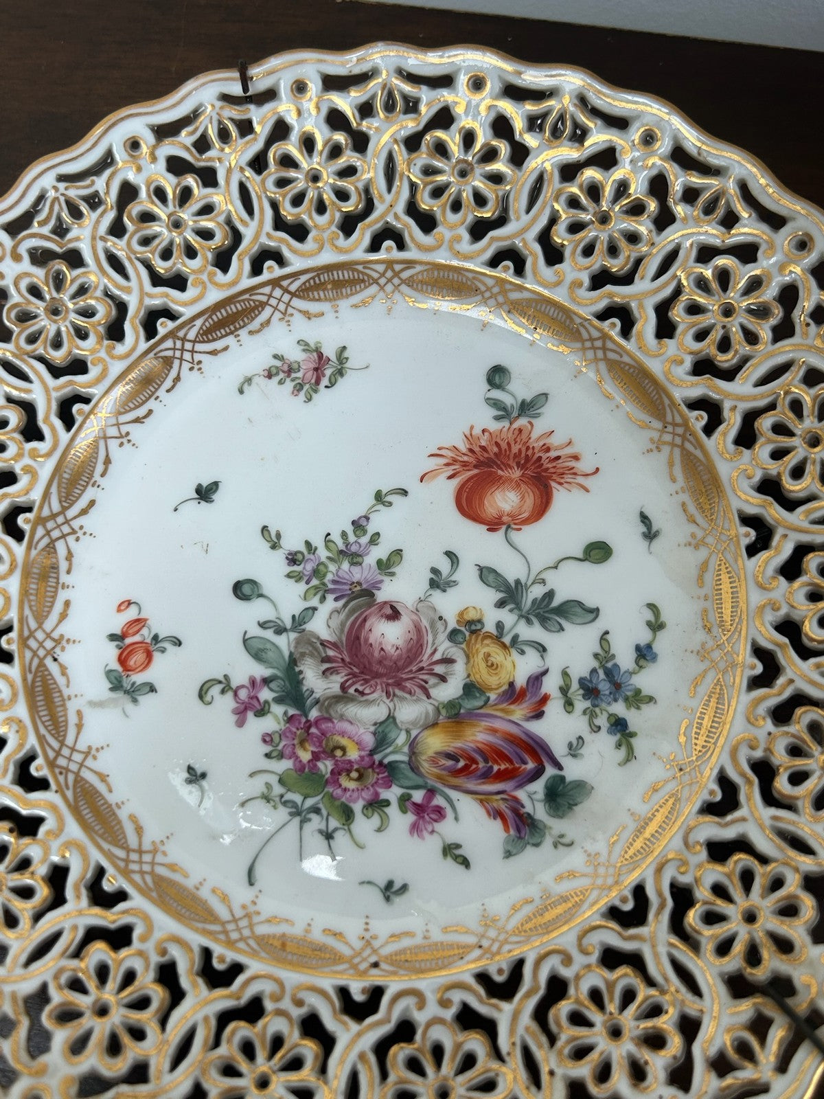 Antique Meissen Porcelain Reticulated Cabinet Plate Hand Painted Flowers Gilt1