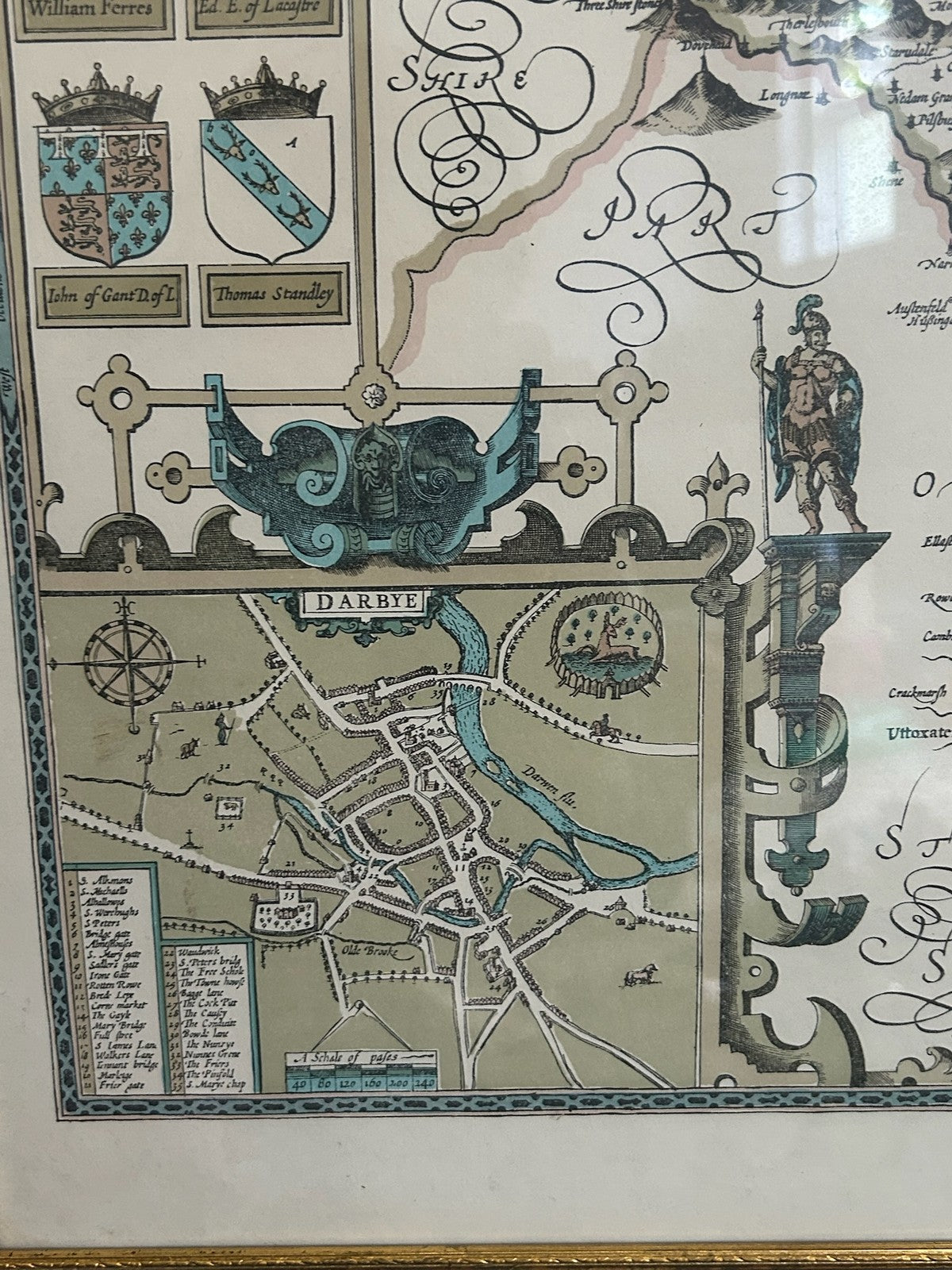 Repro John Speed Darbieshire Described 1610 Derbyshire Map Derby Buxton Framed3