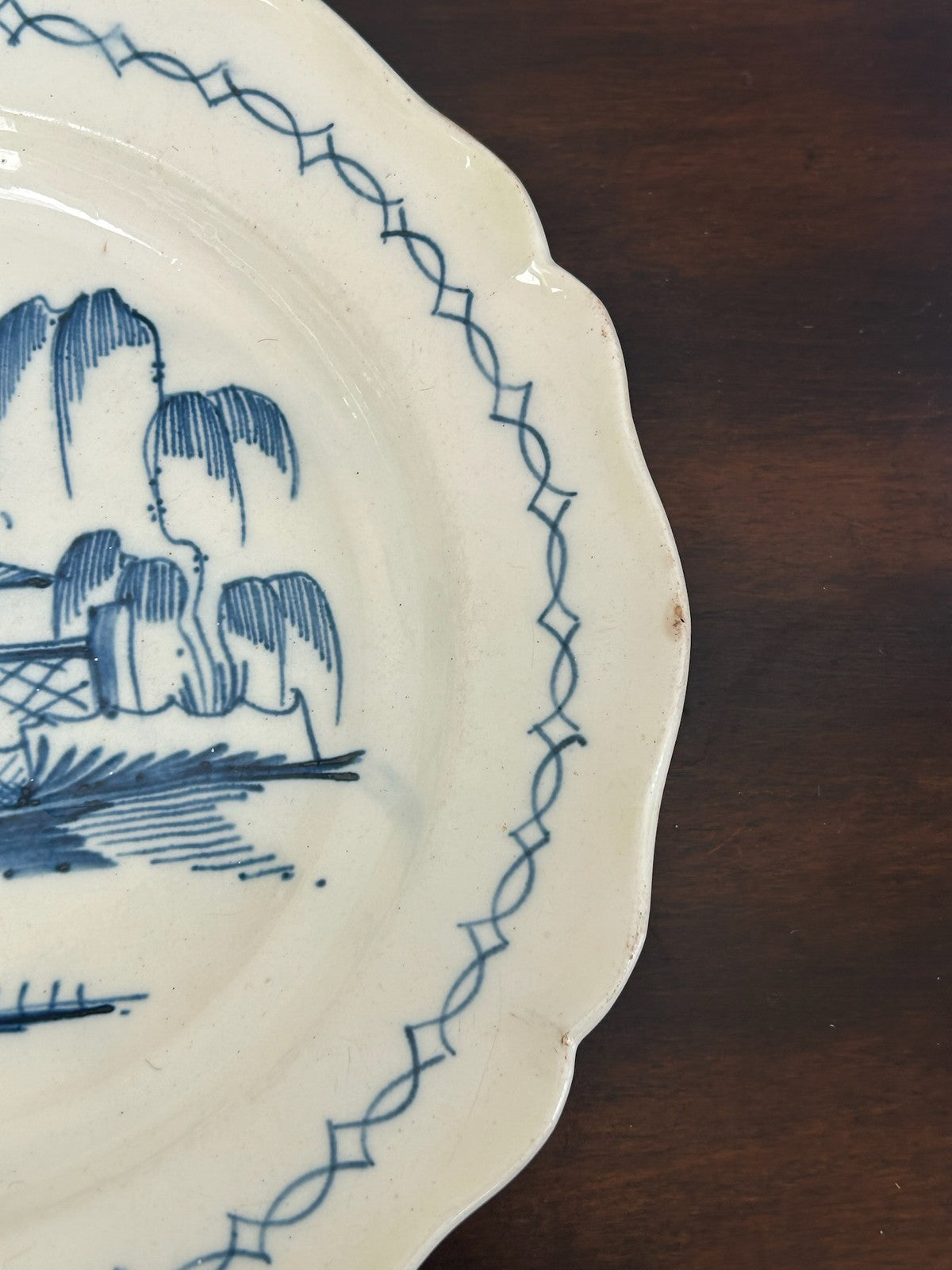 Antique Pearlware Plate Hand Painted Blue Chinoiserie Pagoda Willow Shaped Rim4