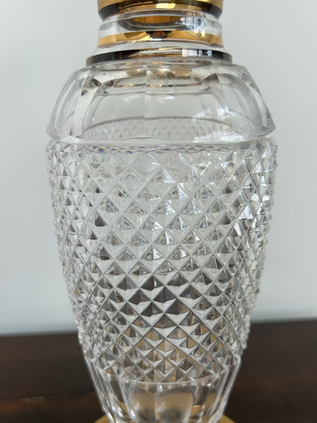 Bohemian Diamond Cut Crystal Vase Gilt Mounted Rim & Foot 25cm7