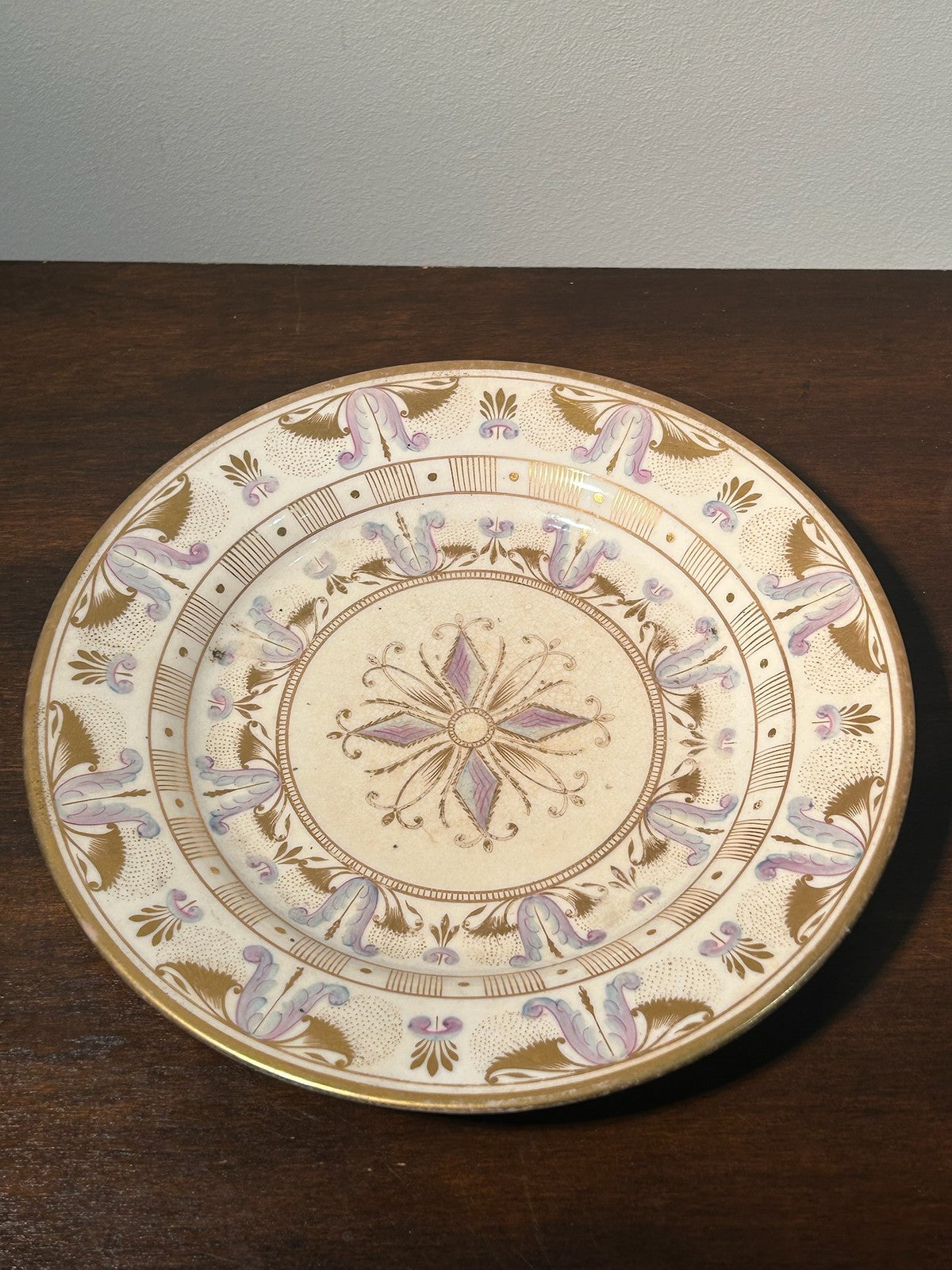 Antique Regency Neoclassical Pearlware Plate c.1820 Pink Lustre Gilt 19cm1