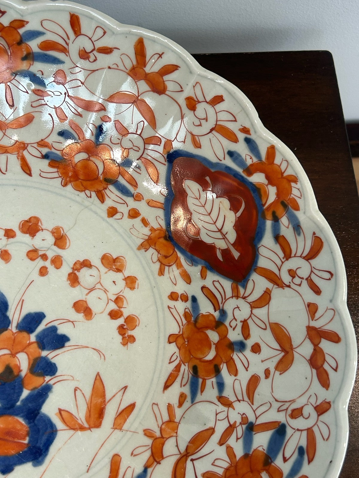 Antique Japanese Imari Porcelain Plate Iron Red Blue A/F Chip3