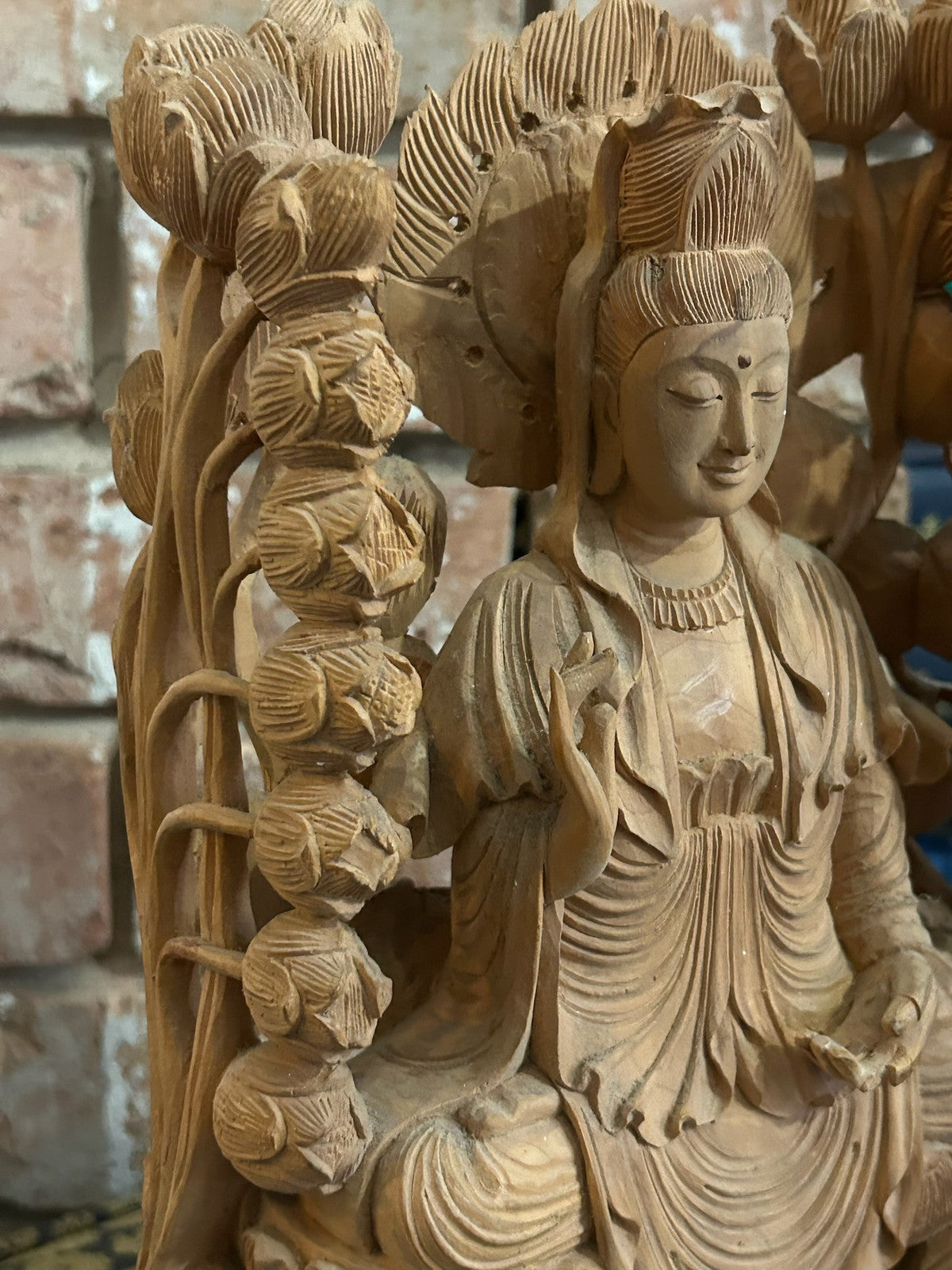 Chinese Carved Wood Guanyin Figure Group Dragons Lotus Deeply Carved Panel9