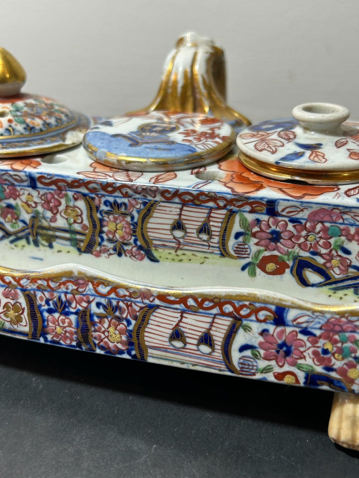 Antique Masons Patent Ironstone Imari Inkstand Desk Stand Paw Feet c1820 A/F2