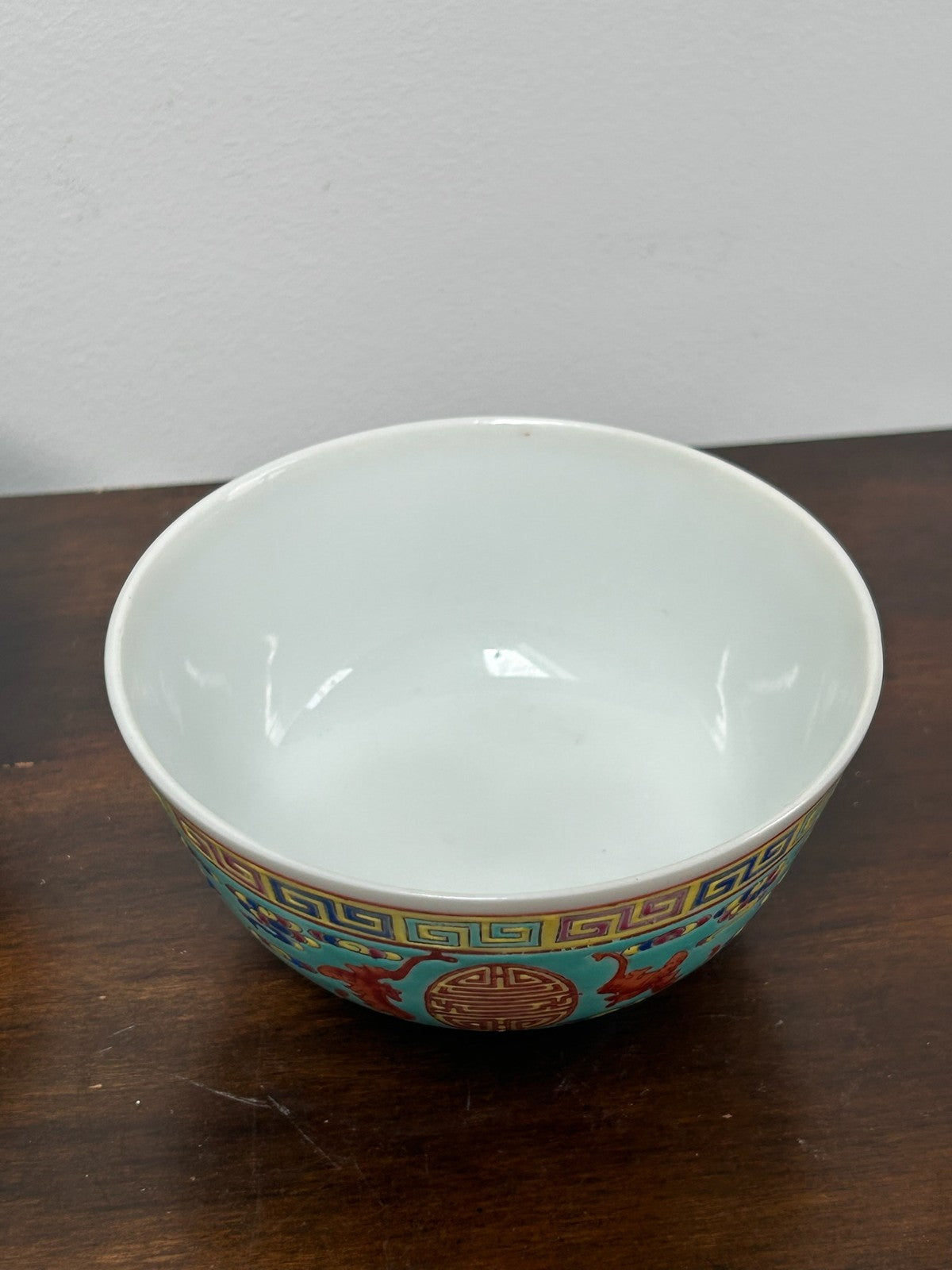 Pair Chinese Famille Rose Turquoise Ground Bats & Shou Bowls Jingdezhen Mark3