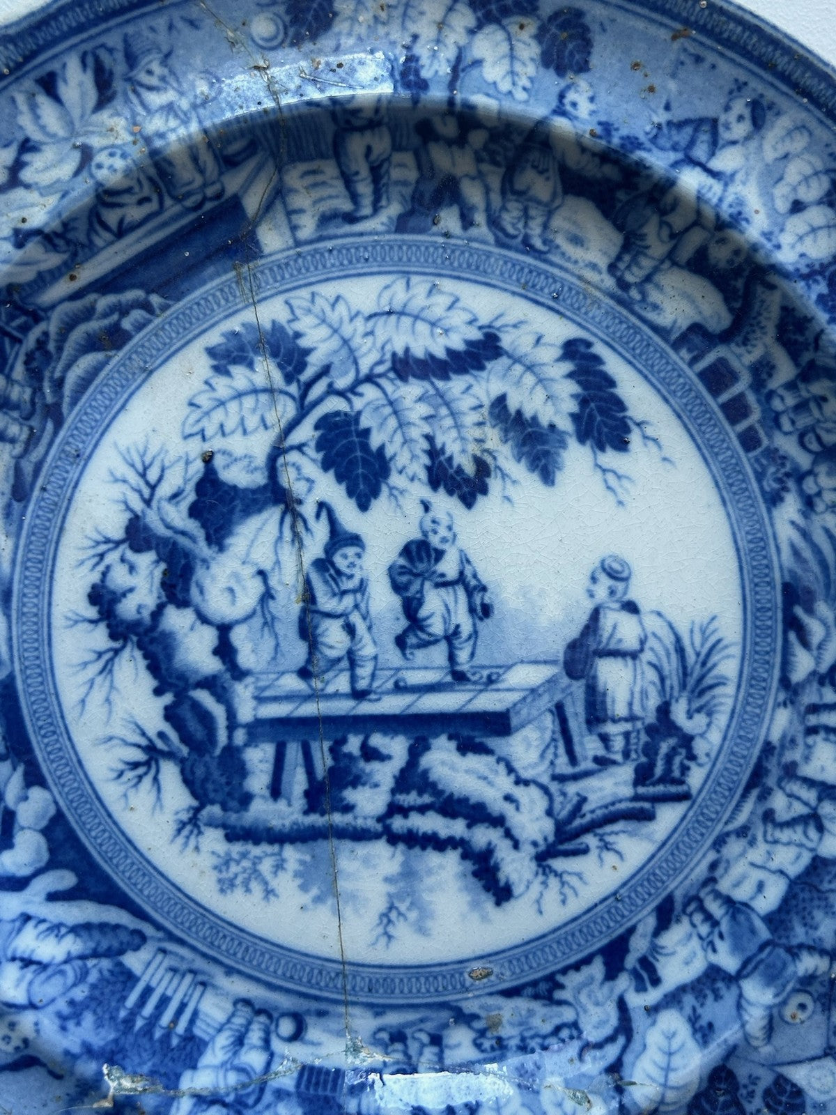 Antique Staffordshire Blue White Plate Figural Scene Poss Minton c1825 Transfer2