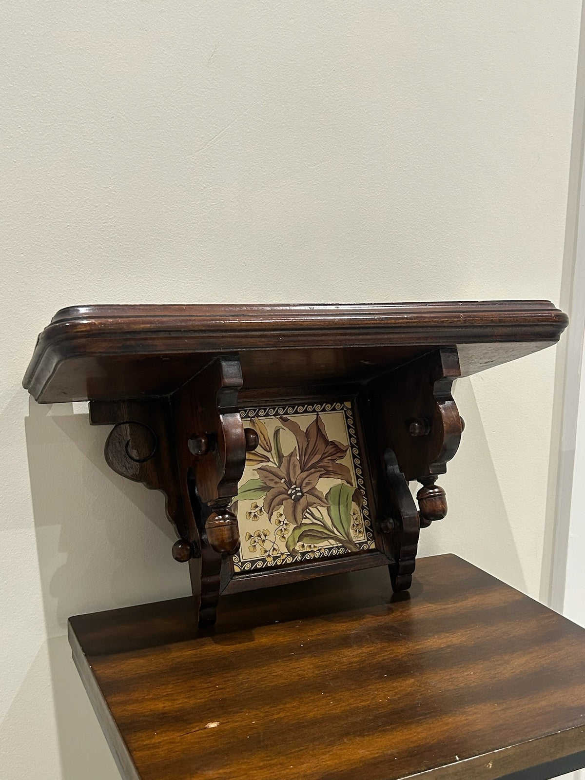Carved Wood Wall Bracket Shelf Inset Victorian Lily Tile1