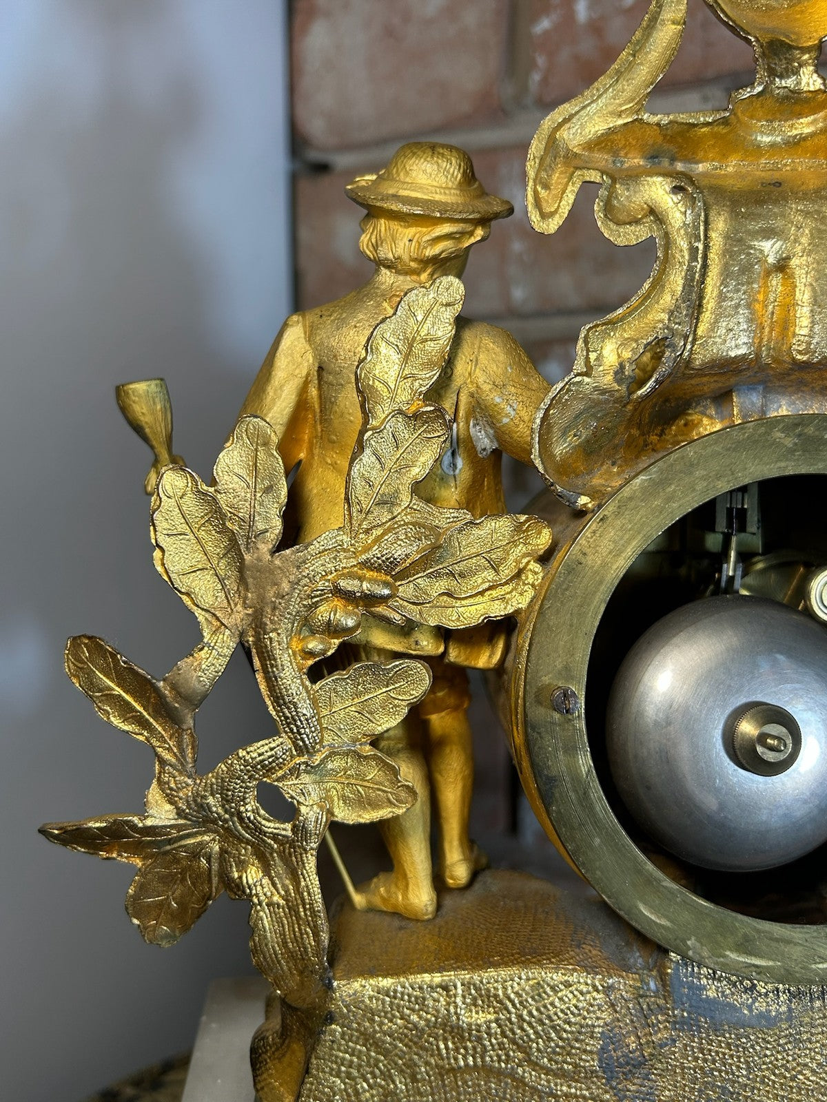 Antique French Gilt Metal Figural Mantel Clock White Marble Base Bell Strike16