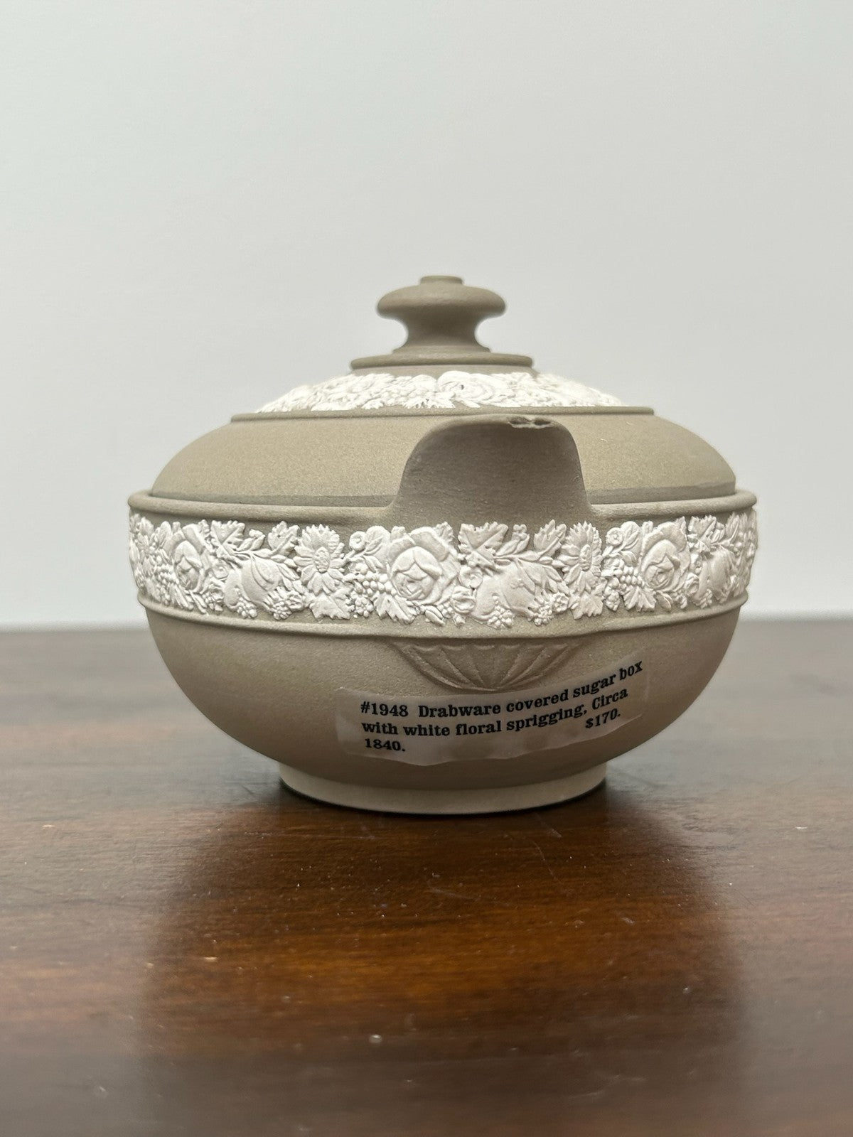 Wedgwood Drabware Lidded Bowl White Relief Band 10cm (small chip)1