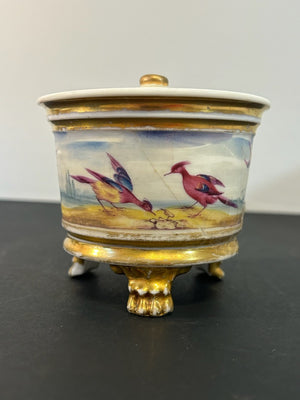 Antique English Porcelain Inkwell Painted Birds Gilt Lion Paw Feet c1820 A/F