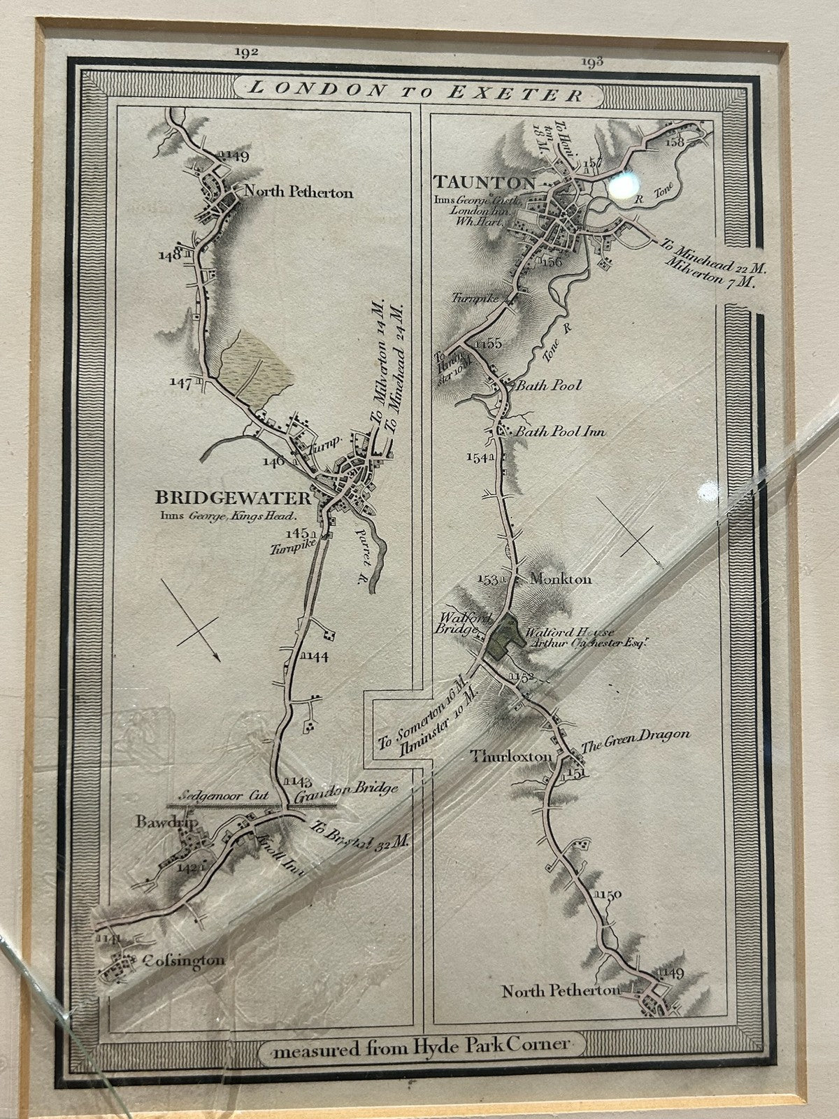 Antique 1822 Mogg Survey High Roads Map London to Exeter Taunton Framed1