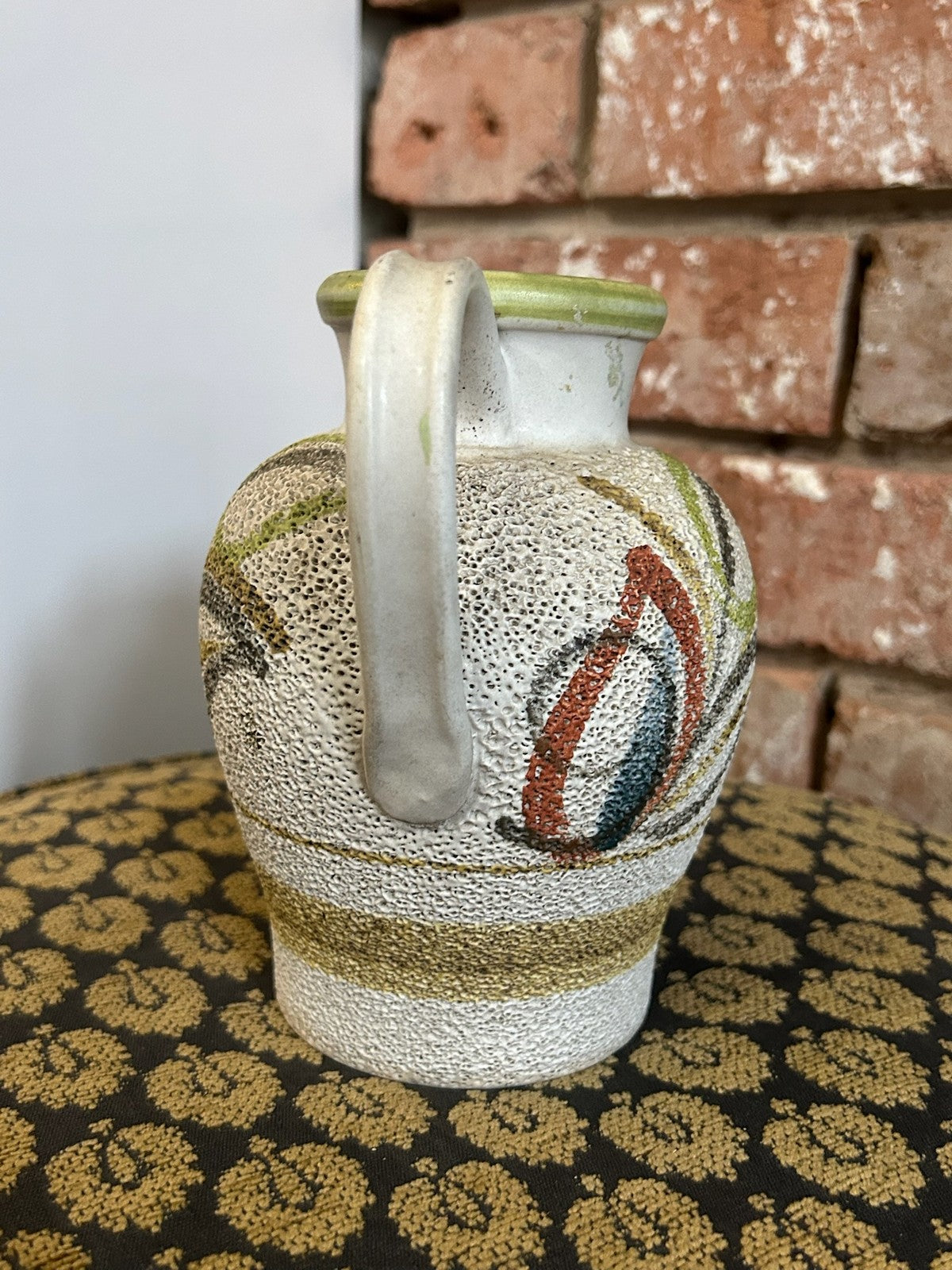Vintage West German Style Pottery Jug Painted Stylised Flowers Textured Retro3