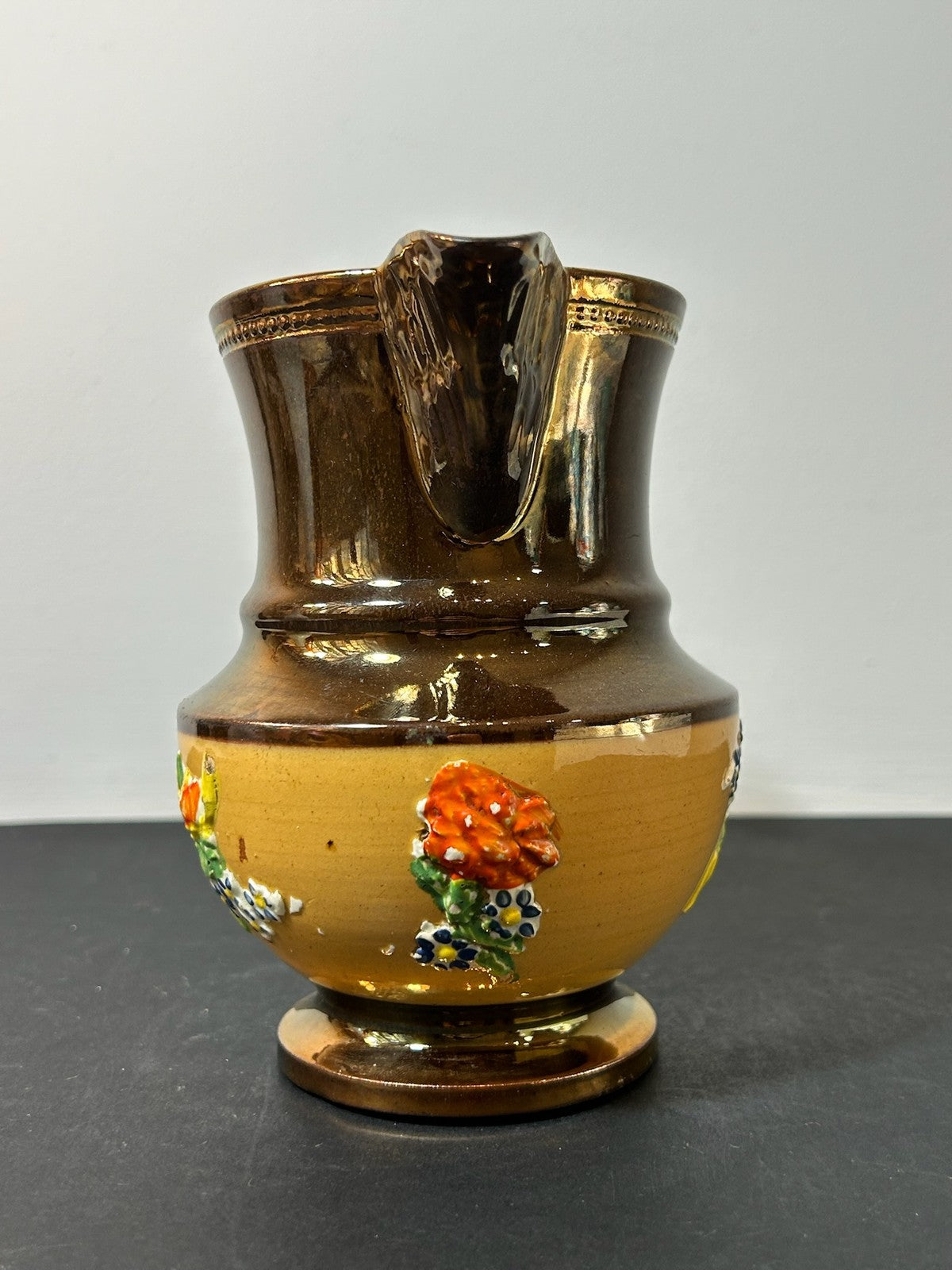 Victorian Copper Lustre Jug Yellow Band Moulded Flowers 15cm3