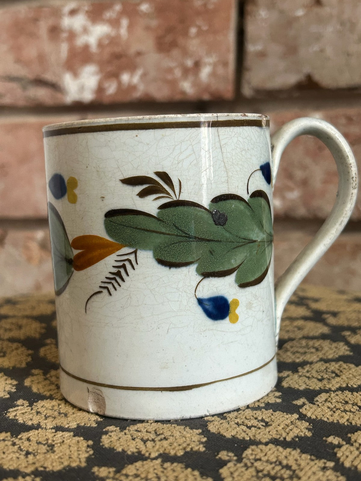Antique English Pearlware Mug Hand Painted Green Leaves Blue Flowers Pattern No9