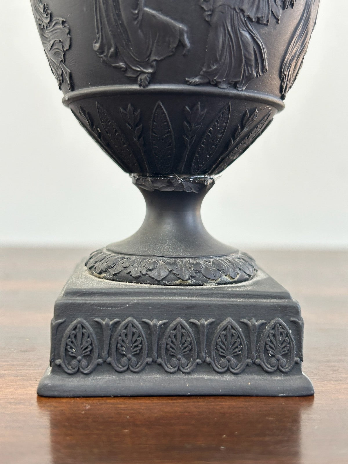 Wedgwood Black Basalt Urn Vase and Cover Square Plinth Classical Relief A/F5