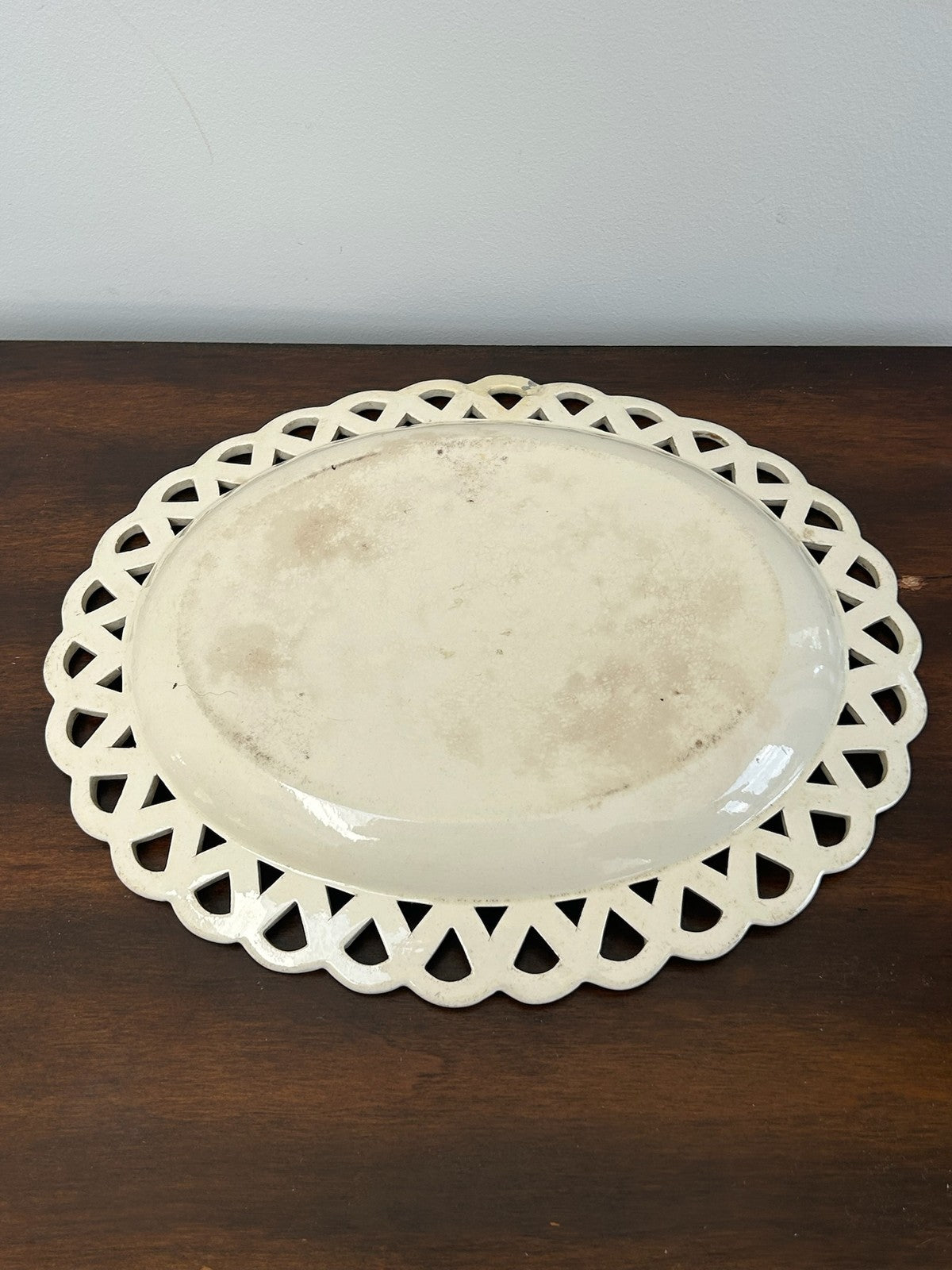 Antique Creamware Oval Dish Interlaced Pierced Border Brown Line4