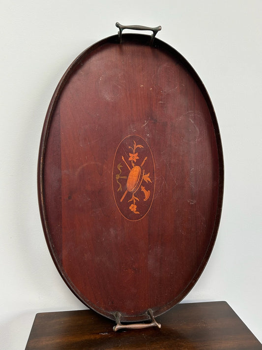 Edwardian Marquetry Inlaid Mahogany Oval Gallery Tray Brass Handles0