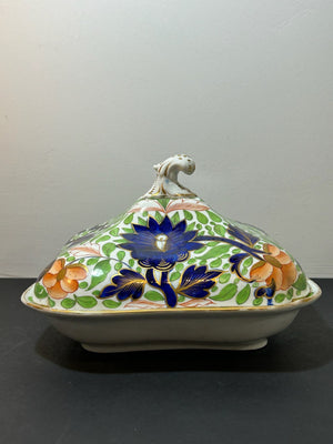 Antique Regency Ironstone Covered Vegetable Tureen Stand Lion Finial Imari c1820