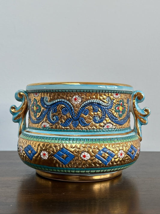 Italian Hand Painted Majolica Jardiniere Oro Zecchino Gilt Florets0